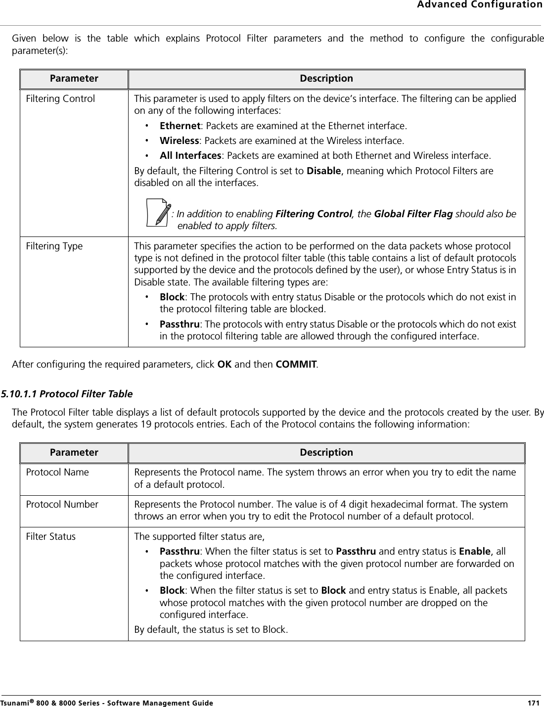 Advanced ConfigurationTsunami® 800 &amp; 8000 Series - Software Management Guide  171Given  below  is  the  table  which  explains  Protocol  Filter  parameters  and  the  method  to  configure  the  configurableparameter(s):After configuring the required parameters, click OK and then COMMIT.5.10.1.1 Protocol Filter TableThe Protocol Filter table displays a list of default protocols supported by the device and the protocols created by the user. Bydefault, the system generates 19 protocols entries. Each of the Protocol contains the following information:Parameter DescriptionFiltering Control This parameter is used to apply filters on the device’s interface. The filtering can be applied on any of the following interfaces: Ethernet: Packets are examined at the Ethernet interface.Wireless: Packets are examined at the Wireless interface.All Interfaces: Packets are examined at both Ethernet and Wireless interface.By default, the Filtering Control is set to Disable, meaning which Protocol Filters are disabled on all the interfaces.: In addition to enabling Filtering Control, the Global Filter Flag should also be enabled to apply filters.Filtering Type This parameter specifies the action to be performed on the data packets whose protocol type is not defined in the protocol filter table (this table contains a list of default protocols supported by the device and the protocols defined by the user), or whose Entry Status is in Disable state. The available filtering types are: Block: The protocols with entry status Disable or the protocols which do not exist in the protocol filtering table are blocked.Passthru: The protocols with entry status Disable or the protocols which do not exist in the protocol filtering table are allowed through the configured interface.Parameter DescriptionProtocol Name Represents the Protocol name. The system throws an error when you try to edit the name of a default protocol.Protocol Number Represents the Protocol number. The value is of 4 digit hexadecimal format. The system throws an error when you try to edit the Protocol number of a default protocol.Filter Status The supported filter status are,Passthru: When the filter status is set to Passthru and entry status is Enable, all packets whose protocol matches with the given protocol number are forwarded on the configured interface.Block: When the filter status is set to Block and entry status is Enable, all packets whose protocol matches with the given protocol number are dropped on the configured interface.By default, the status is set to Block.