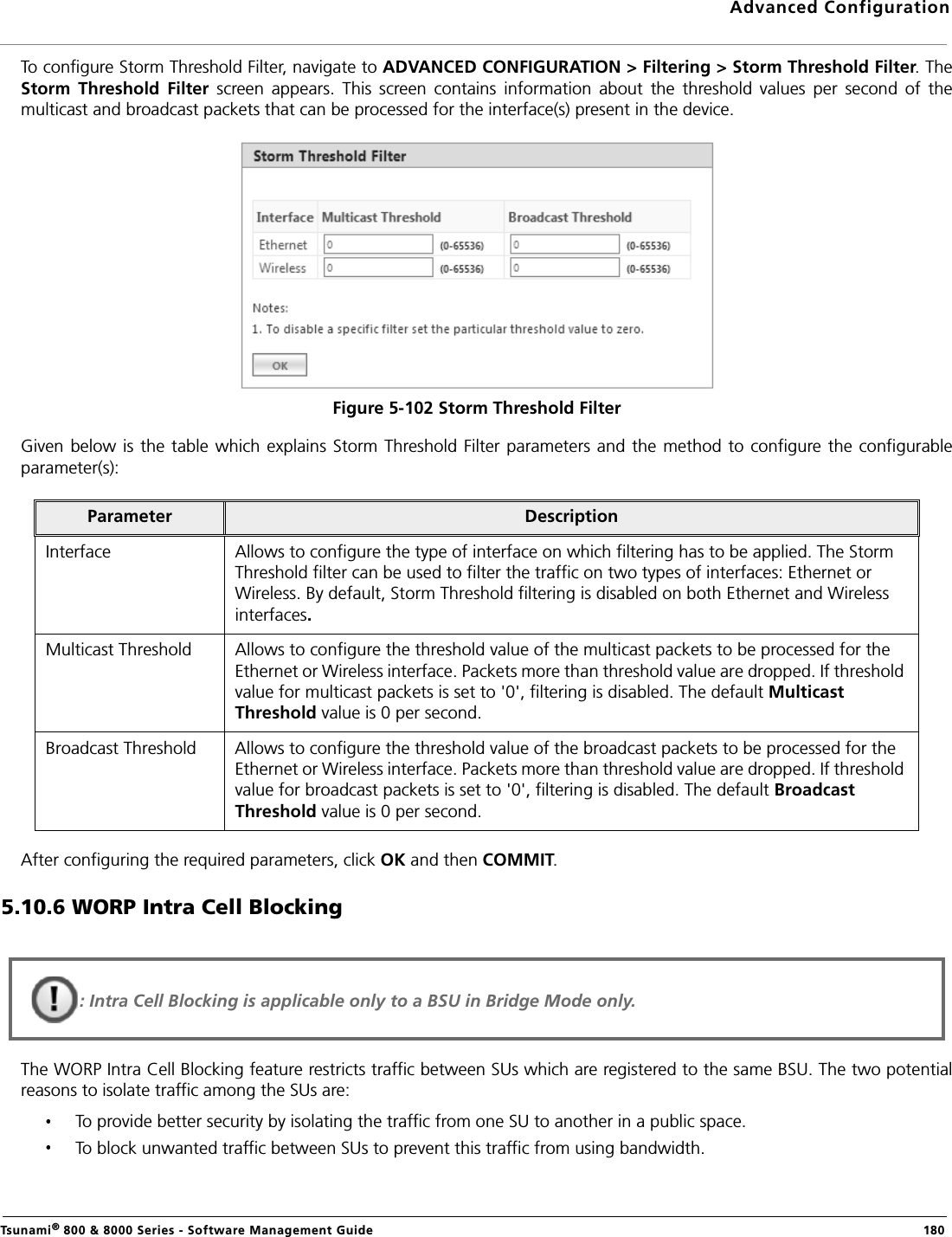 Advanced ConfigurationTsunami® 800 &amp; 8000 Series - Software Management Guide  180To configure Storm Threshold Filter, navigate to ADVANCED CONFIGURATION &gt; Filtering &gt; Storm Threshold Filter. TheStorm  Threshold  Filter  screen  appears.  This  screen  contains  information  about  the  threshold  values  per  second  of  themulticast and broadcast packets that can be processed for the interface(s) present in the device.Figure 5-102 Storm Threshold FilterGiven below is the  table  which explains  Storm Threshold Filter  parameters  and  the method to configure the  configurableparameter(s):After configuring the required parameters, click OK and then COMMIT.5.10.6 WORP Intra Cell BlockingThe WORP Intra Cell Blocking feature restricts traffic between SUs which are registered to the same BSU. The two potentialreasons to isolate traffic among the SUs are:To provide better security by isolating the traffic from one SU to another in a public space.To block unwanted traffic between SUs to prevent this traffic from using bandwidth.Parameter DescriptionInterface Allows to configure the type of interface on which filtering has to be applied. The Storm Threshold filter can be used to filter the traffic on two types of interfaces: Ethernet or Wireless. By default, Storm Threshold filtering is disabled on both Ethernet and Wireless interfaces.Multicast Threshold Allows to configure the threshold value of the multicast packets to be processed for the Ethernet or Wireless interface. Packets more than threshold value are dropped. If threshold value for multicast packets is set to &apos;0&apos;, filtering is disabled. The default Multicast Threshold value is 0 per second.Broadcast Threshold Allows to configure the threshold value of the broadcast packets to be processed for the Ethernet or Wireless interface. Packets more than threshold value are dropped. If threshold value for broadcast packets is set to &apos;0&apos;, filtering is disabled. The default Broadcast Threshold value is 0 per second.: Intra Cell Blocking is applicable only to a BSU in Bridge Mode only.