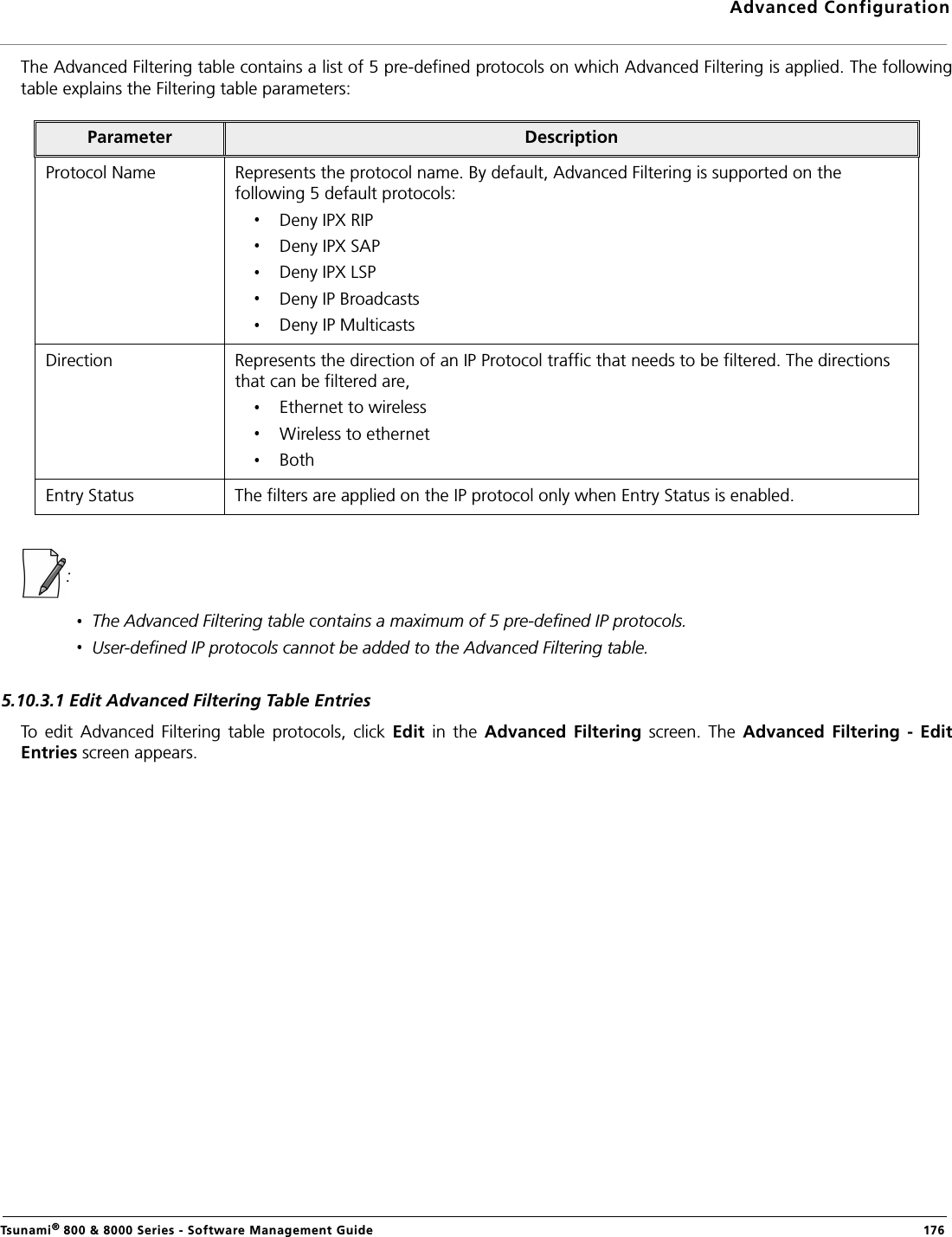 Advanced ConfigurationTsunami® 800 &amp; 8000 Series - Software Management Guide  176The Advanced Filtering table contains a list of 5 pre-defined protocols on which Advanced Filtering is applied. The followingtable explains the Filtering table parameters:: The Advanced Filtering table contains a maximum of 5 pre-defined IP protocols.User-defined IP protocols cannot be added to the Advanced Filtering table.5.10.3.1 Edit Advanced Filtering Table EntriesTo  edit  Advanced  Filtering  table  protocols,  click Edit  in  the  Advanced  Filtering  screen.  The  Advanced Filtering -  EditEntries screen appears.Parameter DescriptionProtocol Name Represents the protocol name. By default, Advanced Filtering is supported on the following 5 default protocols:Deny IPX RIPDeny IPX SAPDeny IPX LSPDeny IP BroadcastsDeny IP MulticastsDirection Represents the direction of an IP Protocol traffic that needs to be filtered. The directions that can be filtered are,Ethernet to wirelessWireless to ethernetBothEntry Status The filters are applied on the IP protocol only when Entry Status is enabled.