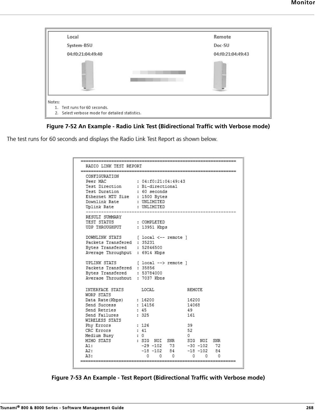 MonitorTsunami® 800 &amp; 8000 Series - Software Management Guide  268Figure 7-52 An Example - Radio Link Test (Bidirectional Traffic with Verbose mode)The test runs for 60 seconds and displays the Radio Link Test Report as shown below.Figure 7-53 An Example - Test Report (Bidirectional Traffic with Verbose mode)