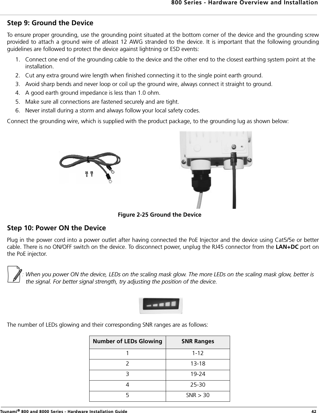 800 Series - Hardware Overview and InstallationTsunami® 800 and 8000 Series - Hardware Installation Guide  42Step 9: Ground the DeviceTo ensure proper grounding, use the grounding point situated at the bottom corner of the device and the grounding screwprovided to attach  a ground wire of atleast  12 AWG stranded to  the device. It is important that the following  groundingguidelines are followed to protect the device against lightning or ESD events:1. Connect one end of the grounding cable to the device and the other end to the closest earthing system point at the installation.2. Cut any extra ground wire length when finished connecting it to the single point earth ground. 3. Avoid sharp bends and never loop or coil up the ground wire, always connect it straight to ground.4. A good earth ground impedance is less than 1.0 ohm. 5. Make sure all connections are fastened securely and are tight. 6. Never install during a storm and always follow your local safety codes.Connect the grounding wire, which is supplied with the product package, to the grounding lug as shown below:Figure 2-25 Ground the DeviceStep 10: Power ON the DevicePlug in the power cord into a power outlet after having connected the PoE Injector and the device using Cat5/5e or bettercable. There is no ON/OFF switch on the device. To disconnect power, unplug the RJ45 connector from the LAN+DC port onthe PoE injector.: When you power ON the device, LEDs on the scaling mask glow. The more LEDs on the scaling mask glow, better is the signal. For better signal strength, try adjusting the position of the device.The number of LEDs glowing and their corresponding SNR ranges are as follows:Number of LEDs Glowing SNR Ranges1 1-122 13-183 19-244 25-305 SNR &gt; 30