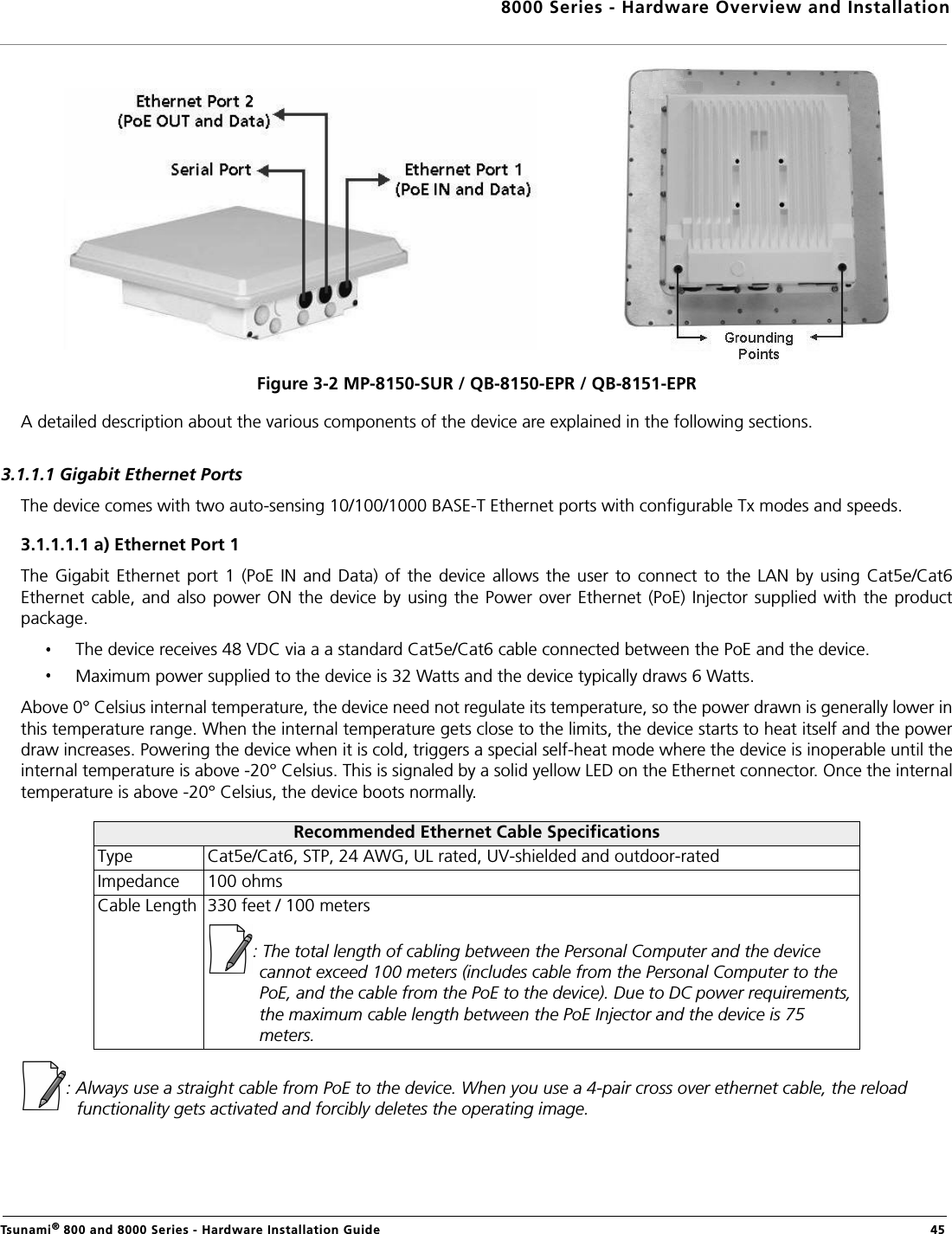 8000 Series - Hardware Overview and InstallationTsunami® 800 and 8000 Series - Hardware Installation Guide  45Figure 3-2 MP-8150-SUR / QB-8150-EPR / QB-8151-EPRA detailed description about the various components of the device are explained in the following sections.3.1.1.1 Gigabit Ethernet PortsThe device comes with two auto-sensing 10/100/1000 BASE-T Ethernet ports with configurable Tx modes and speeds.3.1.1.1.1 a) Ethernet Port 1The  Gigabit  Ethernet  port  1  (PoE  IN  and  Data)  of  the  device allows the user  to  connect  to  the  LAN  by  using  Cat5e/Cat6Ethernet cable, and  also  power  ON  the  device by using the Power over  Ethernet  (PoE)  Injector  supplied with  the productpackage.The device receives 48 VDC via a a standard Cat5e/Cat6 cable connected between the PoE and the device.Maximum power supplied to the device is 32 Watts and the device typically draws 6 Watts.Above 0° Celsius internal temperature, the device need not regulate its temperature, so the power drawn is generally lower inthis temperature range. When the internal temperature gets close to the limits, the device starts to heat itself and the powerdraw increases. Powering the device when it is cold, triggers a special self-heat mode where the device is inoperable until theinternal temperature is above -20° Celsius. This is signaled by a solid yellow LED on the Ethernet connector. Once the internaltemperature is above -20° Celsius, the device boots normally.: Always use a straight cable from PoE to the device. When you use a 4-pair cross over ethernet cable, the reload functionality gets activated and forcibly deletes the operating image.Recommended Ethernet Cable SpecificationsType Cat5e/Cat6, STP, 24 AWG, UL rated, UV-shielded and outdoor-ratedImpedance 100 ohmsCable Length 330 feet / 100 meters: The total length of cabling between the Personal Computer and the device      cannot exceed 100 meters (includes cable from the Personal Computer to the PoE, and the cable from the PoE to the device). Due to DC power requirements, the maximum cable length between the PoE Injector and the device is 75 meters.