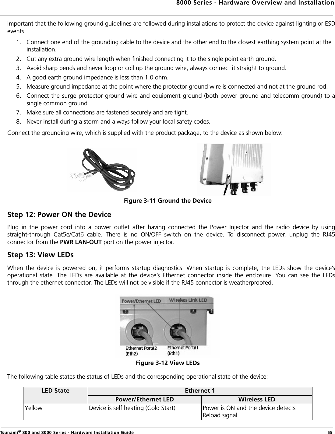 8000 Series - Hardware Overview and InstallationTsunami® 800 and 8000 Series - Hardware Installation Guide  55important that the following ground guidelines are followed during installations to protect the device against lighting or ESDevents:1. Connect one end of the grounding cable to the device and the other end to the closest earthing system point at the installation.2. Cut any extra ground wire length when finished connecting it to the single point earth ground. 3. Avoid sharp bends and never loop or coil up the ground wire, always connect it straight to ground.4. A good earth ground impedance is less than 1.0 ohm. 5. Measure ground impedance at the point where the protector ground wire is connected and not at the ground rod.6. Connect the surge protector ground wire and equipment ground (both power ground and telecomm ground) to asingle common ground. 7. Make sure all connections are fastened securely and are tight. 8. Never install during a storm and always follow your local safety codes. Connect the grounding wire, which is supplied with the product package, to the device as shown below:Figure 3-11 Ground the DeviceStep 12: Power ON the DevicePlug  in  the  power  cord  into  a  power  outlet  after  having  connected  the  Power  Injector  and  the  radio  device  by  usingstraight-through  Cat5e/Cat6  cable.  There  is  no  ON/OFF  switch  on  the  device.  To  disconnect  power,  unplug  the  RJ45connector from the PWR LAN-OUT port on the power injector.Step 13: View LEDsWhen  the  device  is  powered  on,  it  performs  startup  diagnostics.  When  startup  is  complete,  the  LEDs  show  the  device’soperational  state.  The  LEDs  are  available  at  the  device’s  Ethernet  connector  inside  the  enclosure.  You  can  see  the  LEDsthrough the ethernet connector. The LEDs will not be visible if the RJ45 connector is weatherproofed.Figure 3-12 View LEDsThe following table states the status of LEDs and the corresponding operational state of the device:LED State Ethernet 1Power/Ethernet LED Wireless LEDYellow Device is self heating (Cold Start) Power is ON and the device detects Reload signal