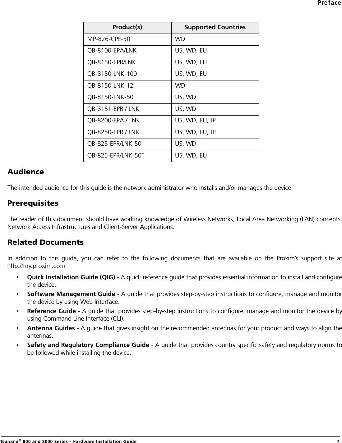 PrefaceTsunami® 800 and 8000 Series - Hardware Installation Guide  7AudienceThe intended audience for this guide is the network administrator who installs and/or manages the device.PrerequisitesThe reader of this document should have working knowledge of Wireless Networks, Local Area Networking (LAN) concepts,Network Access Infrastructures and Client-Server Applications.Related DocumentsIn  addition  to  this  guide,  you  can  refer  to  the  following  documents  that  are  available  on  the  Proxim’s  support  site  atQuick Installation Guide (QIG) - A quick reference guide that provides essential information to install and configurethe device.Software Management Guide - A guide that provides step-by-step instructions to configure, manage and monitorthe device by using Web Interface.Reference Guide - A guide that provides step-by-step instructions to configure, manage and monitor the device byusing Command Line Interface (CLI).Antenna Guides - A guide that gives insight on the recommended antennas for your product and ways to align theantennas.Safety and Regulatory Compliance Guide - A guide that provides country specific safety and regulatory norms tobe followed while installing the device.MP-826-CPE-50 WDQB-8100-EPA/LNK  US, WD, EUQB-8150-EPR/LNK  US, WD, EUQB-8150-LNK-100  US, WD, EUQB-8150-LNK-12  WDQB-8150-LNK-50 US, WDQB-8151-EPR / LNK US, WDQB-8200-EPA / LNK US, WD, EU, JPQB-8250-EPR / LNK US, WD, EU, JPQB-825-EPR/LNK-50 US, WDQB-825-EPR/LNK-50+US, WD, EUProduct(s) Supported Countries