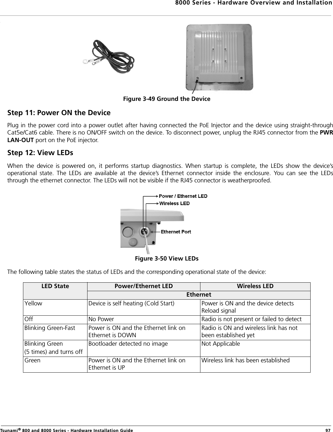 8000 Series - Hardware Overview and InstallationTsunami® 800 and 8000 Series - Hardware Installation Guide  97Figure 3-49 Ground the DeviceStep 11: Power ON the DevicePlug in the power cord into a power outlet after having connected the PoE Injector and the device using straight-throughCat5e/Cat6 cable. There is no ON/OFF switch on the device. To disconnect power, unplug the RJ45 connector from the PWRLAN-OUT port on the PoE injector.Step 12: View LEDsWhen  the  device  is  powered  on,  it  performs  startup  diagnostics.  When  startup  is  complete,  the  LEDs  show  the  device’soperational  state.  The  LEDs  are  available  at  the  device’s  Ethernet  connector  inside  the  enclosure.  You  can  see  the  LEDsthrough the ethernet connector. The LEDs will not be visible if the RJ45 connector is weatherproofed.Figure 3-50 View LEDsThe following table states the status of LEDs and the corresponding operational state of the device:LED State Power/Ethernet LED Wireless LEDEthernet Yellow Device is self heating (Cold Start) Power is ON and the device detects Reload signalOff No Power Radio is not present or failed to detectBlinking Green-Fast Power is ON and the Ethernet link on Ethernet is DOWNRadio is ON and wireless link has not been established yet Blinking Green(5 times) and turns offBootloader detected no image Not ApplicableGreen Power is ON and the Ethernet link on Ethernet is UPWireless link has been established 