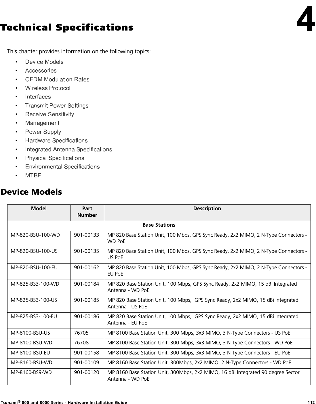 Tsunami® 800 and 8000 Series - Hardware Installation Guide  112Technical SpecificationsThis chapter provides information on the following topics:Device ModelsModel Part NumberDescriptionBase StationsMP-820-BSU-100-WD 901-00133 MP 820 Base Station Unit, 100 Mbps, GPS Sync Ready, 2x2 MIMO, 2 N-Type Connectors -WD PoEMP-820-BSU-100-US 901-00135 MP 820 Base Station Unit, 100 Mbps, GPS Sync Ready, 2x2 MIMO, 2 N-Type Connectors -US PoEMP-820-BSU-100-EU 901-00162 MP 820 Base Station Unit, 100 Mbps, GPS Sync Ready, 2x2 MIMO, 2 N-Type Connectors -EU PoEMP-825-BS3-100-WD 901-00184 MP 820 Base Station Unit, 100 Mbps, GPS Sync Ready, 2x2 MIMO, 15 dBi Integrated Antenna - WD PoEMP-825-BS3-100-US 901-00185 MP 820 Base Station Unit, 100 Mbps,  GPS Sync Ready, 2x2 MIMO, 15 dBi Integrated Antenna - US PoEMP-825-BS3-100-EU 901-00186 MP 820 Base Station Unit, 100 Mbps,  GPS Sync Ready, 2x2 MIMO, 15 dBi Integrated Antenna - EU PoEMP-8100-BSU-US 76705 MP 8100 Base Station Unit, 300 Mbps, 3x3 MIMO, 3 N-Type Connectors - US PoEMP-8100-BSU-WD 76708 MP 8100 Base Station Unit, 300 Mbps, 3x3 MIMO, 3 N-Type Connectors - WD PoEMP-8100-BSU-EU 901-00158 MP 8100 Base Station Unit, 300 Mbps, 3x3 MIMO, 3 N-Type Connectors - EU PoEMP-8160-BSU-WD 901-00109 MP 8160 Base Station Unit, 300Mbps, 2x2 MIMO, 2 N-Type Connectors - WD PoEMP-8160-BS9-WD 901-00120 MP 8160 Base Station Unit, 300Mbps, 2x2 MIMO, 16 dBi Integrated 90 degree Sector Antenna - WD PoE