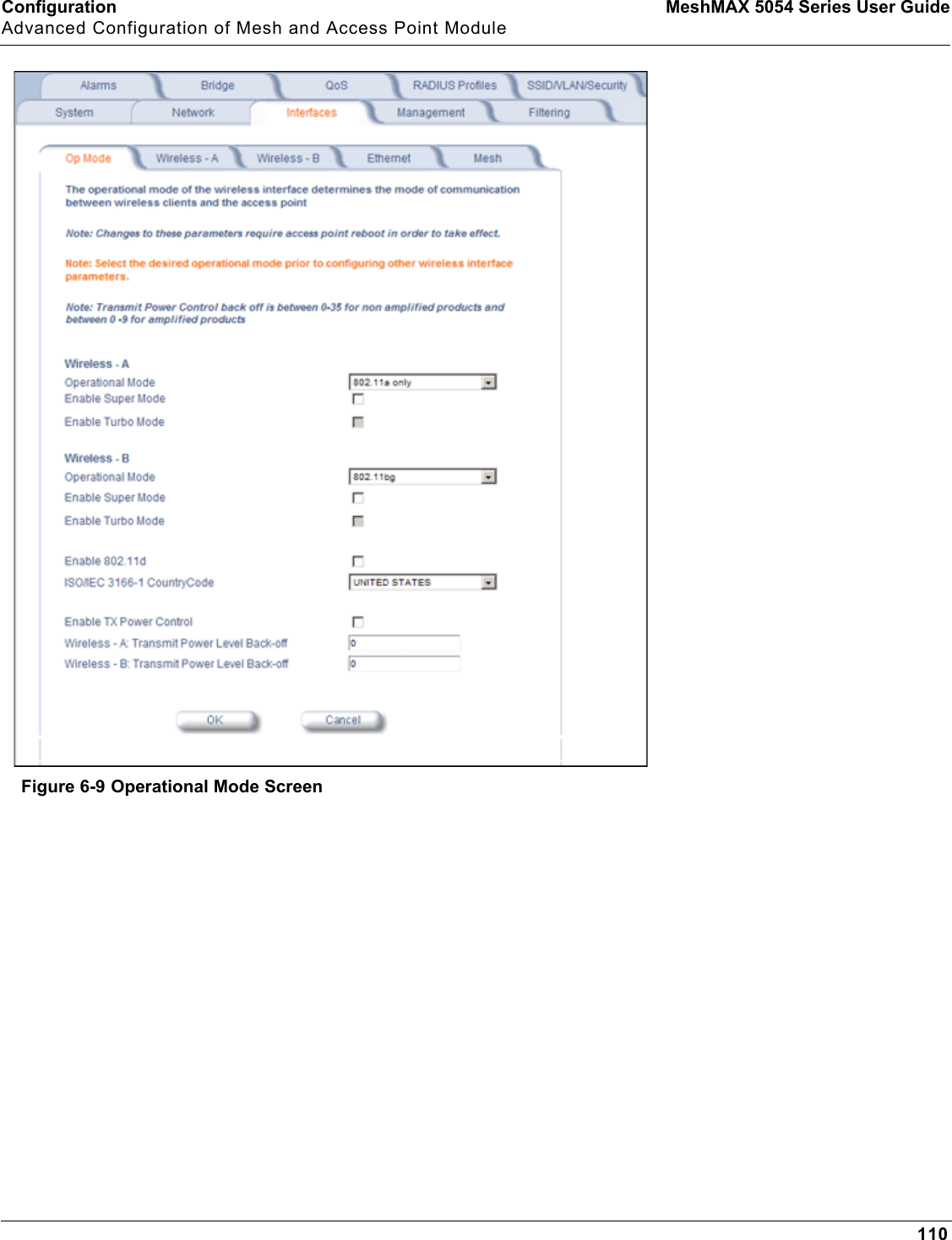 Configuration MeshMAX 5054 Series User GuideAdvanced Configuration of Mesh and Access Point Module110Figure 6-9 Operational Mode Screen 