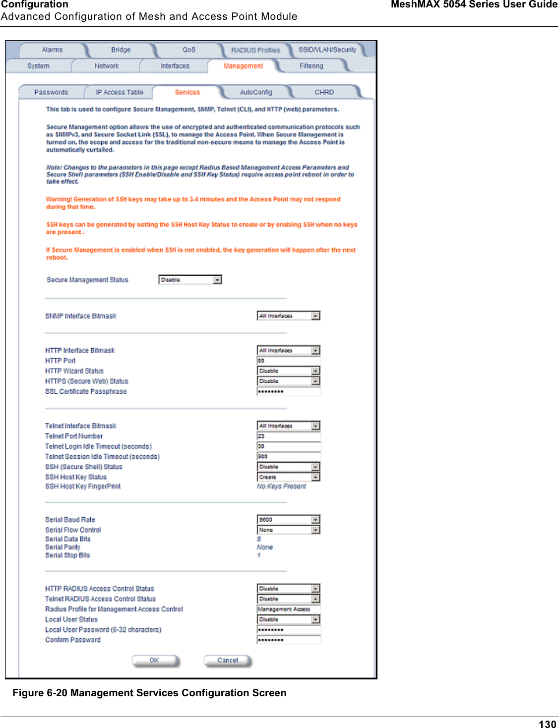 Configuration MeshMAX 5054 Series User GuideAdvanced Configuration of Mesh and Access Point Module130Figure 6-20 Management Services Configuration Screen