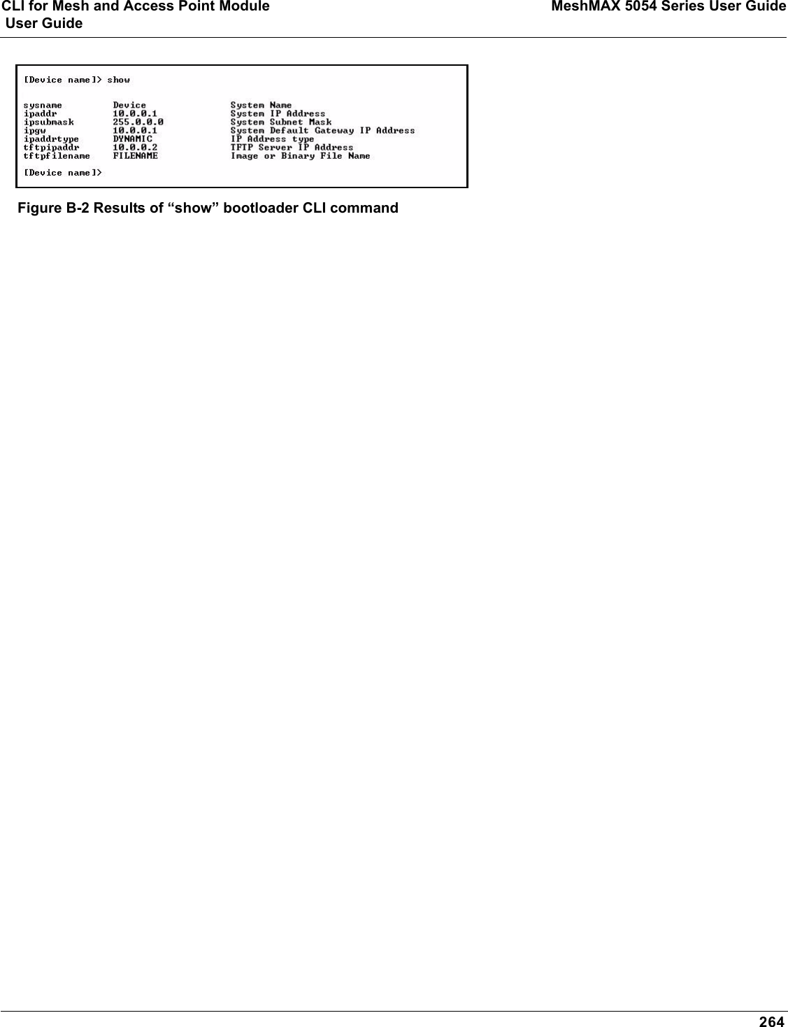 CLI for Mesh and Access Point Module MeshMAX 5054 Series User Guide User Guide264Figure B-2 Results of “show” bootloader CLI command