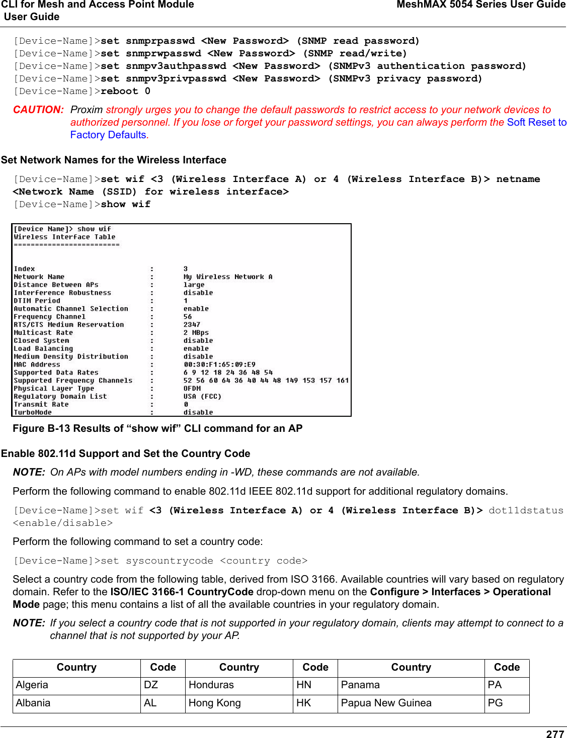 CLI for Mesh and Access Point Module MeshMAX 5054 Series User Guide User Guide277[Device-Name]&gt;set snmprpasswd &lt;New Password&gt; (SNMP read password)[Device-Name]&gt;set snmprwpasswd &lt;New Password&gt; (SNMP read/write)[Device-Name]&gt;set snmpv3authpasswd &lt;New Password&gt; (SNMPv3 authentication password)[Device-Name]&gt;set snmpv3privpasswd &lt;New Password&gt; (SNMPv3 privacy password)[Device-Name]&gt;reboot 0CAUTION: Proxim strongly urges you to change the default passwords to restrict access to your network devices to authorized personnel. If you lose or forget your password settings, you can always perform the Soft Reset to Factory Defaults.Set Network Names for the Wireless Interface[Device-Name]&gt;set wif &lt;3 (Wireless Interface A) or 4 (Wireless Interface B)&gt; netname &lt;Network Name (SSID) for wireless interface&gt;[Device-Name]&gt;show wifFigure B-13 Results of “show wif” CLI command for an APEnable 802.11d Support and Set the Country CodeNOTE: On APs with model numbers ending in -WD, these commands are not available.Perform the following command to enable 802.11d IEEE 802.11d support for additional regulatory domains.[Device-Name]&gt;set wif &lt;3 (Wireless Interface A) or 4 (Wireless Interface B)&gt; dot11dstatus &lt;enable/disable&gt;Perform the following command to set a country code:[Device-Name]&gt;set syscountrycode &lt;country code&gt;Select a country code from the following table, derived from ISO 3166. Available countries will vary based on regulatory domain. Refer to the ISO/IEC 3166-1 CountryCode drop-down menu on the Configure &gt; Interfaces &gt; Operational Mode page; this menu contains a list of all the available countries in your regulatory domain.NOTE: If you select a country code that is not supported in your regulatory domain, clients may attempt to connect to a channel that is not supported by your AP. Country Code Country Code Country CodeAlgeria DZ Honduras HN Panama PAAlbania AL Hong Kong HK Papua New Guinea PG