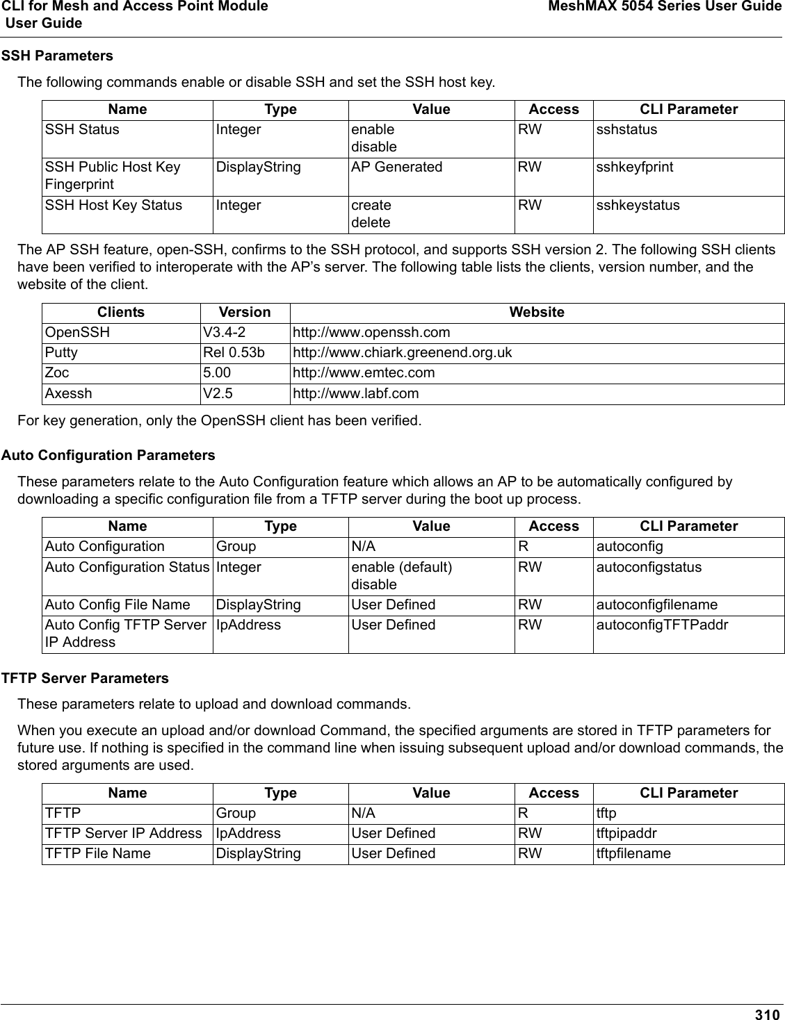 CLI for Mesh and Access Point Module MeshMAX 5054 Series User Guide User Guide310SSH ParametersThe following commands enable or disable SSH and set the SSH host key.The AP SSH feature, open-SSH, confirms to the SSH protocol, and supports SSH version 2. The following SSH clients have been verified to interoperate with the AP’s server. The following table lists the clients, version number, and the website of the client. For key generation, only the OpenSSH client has been verified.Auto Configuration ParametersThese parameters relate to the Auto Configuration feature which allows an AP to be automatically configured by downloading a specific configuration file from a TFTP server during the boot up process. TFTP Server ParametersThese parameters relate to upload and download commands. When you execute an upload and/or download Command, the specified arguments are stored in TFTP parameters for future use. If nothing is specified in the command line when issuing subsequent upload and/or download commands, the stored arguments are used.Name Type Value Access CLI ParameterSSH Status Integer enabledisableRW sshstatusSSH Public Host Key FingerprintDisplayString AP Generated RW sshkeyfprintSSH Host Key Status Integer createdeleteRW sshkeystatusClients Version WebsiteOpenSSH V3.4-2 http://www.openssh.comPutty Rel 0.53b http://www.chiark.greenend.org.ukZoc 5.00 http://www.emtec.comAxessh V2.5 http://www.labf.comName Type Value Access CLI ParameterAuto Configuration Group N/A R autoconfigAuto Configuration Status Integer enable (default)disableRW autoconfigstatusAuto Config File Name DisplayString User Defined RW autoconfigfilenameAuto Config TFTP Server IP AddressIpAddress User Defined RW autoconfigTFTPaddrName Type Value Access CLI ParameterTFTP Group N/A R tftpTFTP Server IP Address IpAddress User Defined RW tftpipaddrTFTP File Name DisplayString User Defined RW tftpfilename