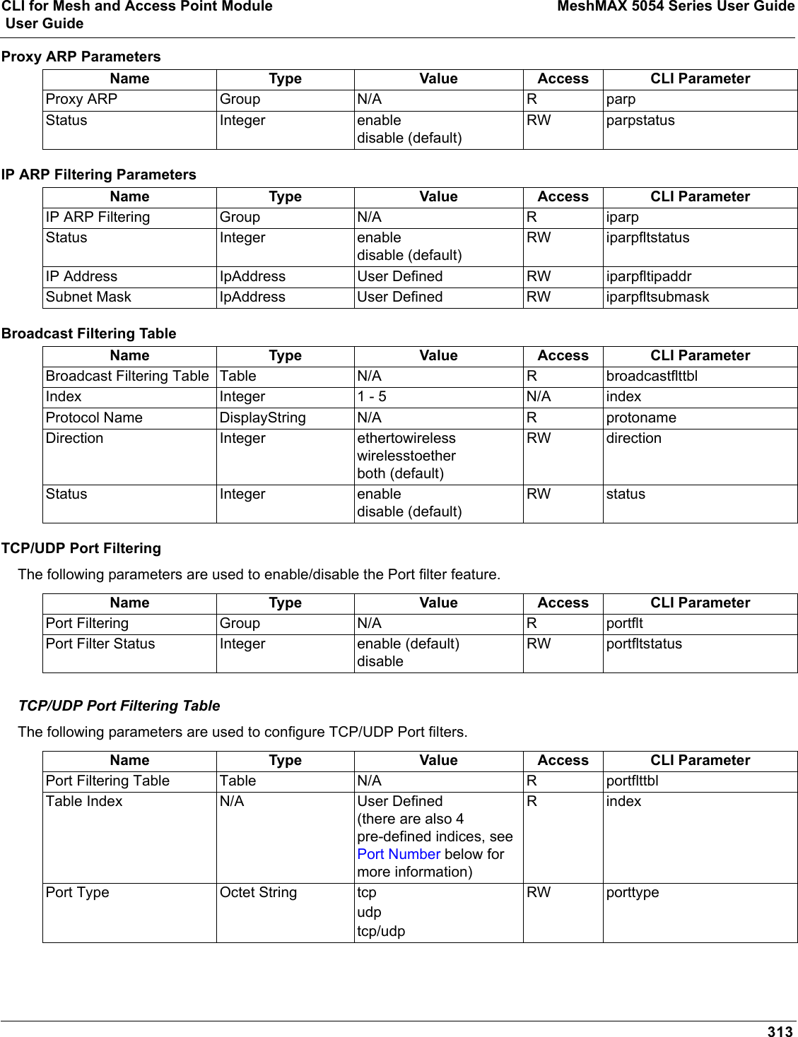 CLI for Mesh and Access Point Module MeshMAX 5054 Series User Guide User Guide313Proxy ARP ParametersIP ARP Filtering ParametersBroadcast Filtering TableTCP/UDP Port FilteringThe following parameters are used to enable/disable the Port filter feature.TCP/UDP Port Filtering TableThe following parameters are used to configure TCP/UDP Port filters.Name Type Value Access CLI ParameterProxy ARP Group N/A R parpStatus Integer enabledisable (default)RW parpstatusName Type Value Access CLI ParameterIP ARP Filtering Group N/A R iparpStatus Integer enabledisable (default)RW iparpfltstatusIP Address IpAddress User Defined RW iparpfltipaddrSubnet Mask IpAddress User Defined RW iparpfltsubmaskName Type Value Access CLI ParameterBroadcast Filtering Table Table N/A R broadcastflttblIndex Integer 1 - 5 N/A indexProtocol Name DisplayString N/A R protonameDirection Integer ethertowirelesswirelesstoetherboth (default)RW directionStatus Integer enabledisable (default)RW statusName Type Value Access CLI ParameterPort Filtering Group N/A R portfltPort Filter Status Integer enable (default)disableRW portfltstatusName Type Value Access CLI ParameterPort Filtering Table Table N/A R portflttblTable Index N/A User Defined(there are also 4 pre-defined indices, see Port Number below for more information)R indexPort Type Octet String tcpudptcp/udpRW porttype