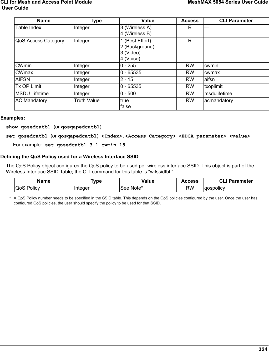 CLI for Mesh and Access Point Module MeshMAX 5054 Series User Guide User Guide324Examples:show qosedcatbl (or qosqapedcatbl)set qosedcatbl (or qosqapedcatbl) &lt;Index&gt;.&lt;Access Category&gt; &lt;EDCA parameter&gt; &lt;value&gt;For example: set qosedcatbl 3.1 cwmin 15Defining the QoS Policy used for a Wireless Interface SSIDThe QoS Policy object configures the QoS policy to be used per wireless interface SSID. This object is part of the Wireless Interface SSID Table; the CLI command for this table is “wifssidtbl.”* A QoS Policy number needs to be specified in the SSID table. This depends on the QoS policies configured by the user. Once the user has configured QoS policies, the user should specify the policy to be used for that SSID.Table Index Integer 3 (Wireless A)4 (Wireless B)R—QoS Access Category Integer 1 (Best Effort)2 (Background)3 (Video)4 (Voice)R—CWmin Integer 0 - 255 RW cwminCWmax Integer 0 - 65535 RW cwmaxAIFSN Integer 2 - 15 RW aifsnTx OP Limit Integer 0 - 65535 RW txoplimitMSDU Lifetime Integer 0 - 500 RW msdulifetimeAC Mandatory Truth Value truefalseRW acmandatoryName Type Value Access CLI ParameterQoS Policy Integer See Note* RW qospolicyName Type Value Access CLI Parameter