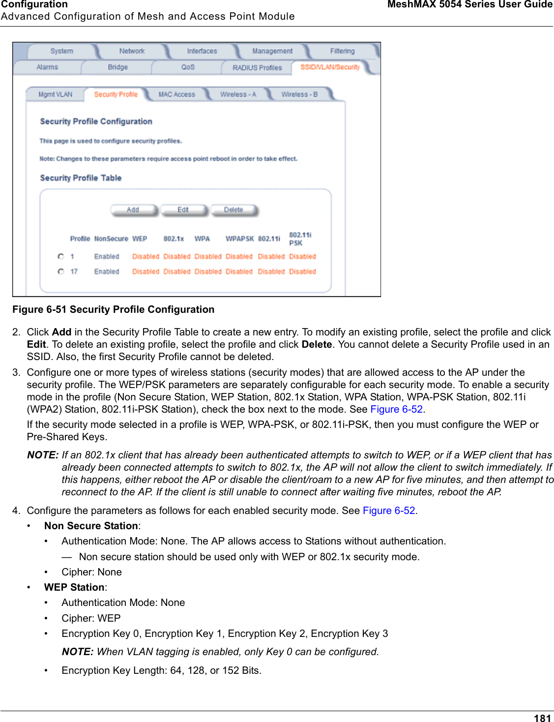 Configuration MeshMAX 5054 Series User GuideAdvanced Configuration of Mesh and Access Point Module181Figure 6-51 Security Profile Configuration2. Click Add in the Security Profile Table to create a new entry. To modify an existing profile, select the profile and click Edit. To delete an existing profile, select the profile and click Delete. You cannot delete a Security Profile used in an SSID. Also, the first Security Profile cannot be deleted.3. Configure one or more types of wireless stations (security modes) that are allowed access to the AP under the security profile. The WEP/PSK parameters are separately configurable for each security mode. To enable a security mode in the profile (Non Secure Station, WEP Station, 802.1x Station, WPA Station, WPA-PSK Station, 802.11i (WPA2) Station, 802.11i-PSK Station), check the box next to the mode. See Figure 6-52.If the security mode selected in a profile is WEP, WPA-PSK, or 802.11i-PSK, then you must configure the WEP or Pre-Shared Keys.NOTE: If an 802.1x client that has already been authenticated attempts to switch to WEP, or if a WEP client that has already been connected attempts to switch to 802.1x, the AP will not allow the client to switch immediately. If this happens, either reboot the AP or disable the client/roam to a new AP for five minutes, and then attempt to reconnect to the AP. If the client is still unable to connect after waiting five minutes, reboot the AP.4. Configure the parameters as follows for each enabled security mode. See Figure 6-52.•Non Secure Station:• Authentication Mode: None. The AP allows access to Stations without authentication.— Non secure station should be used only with WEP or 802.1x security mode.• Cipher: None•WEP Station:• Authentication Mode: None• Cipher: WEP• Encryption Key 0, Encryption Key 1, Encryption Key 2, Encryption Key 3NOTE: When VLAN tagging is enabled, only Key 0 can be configured.• Encryption Key Length: 64, 128, or 152 Bits. 