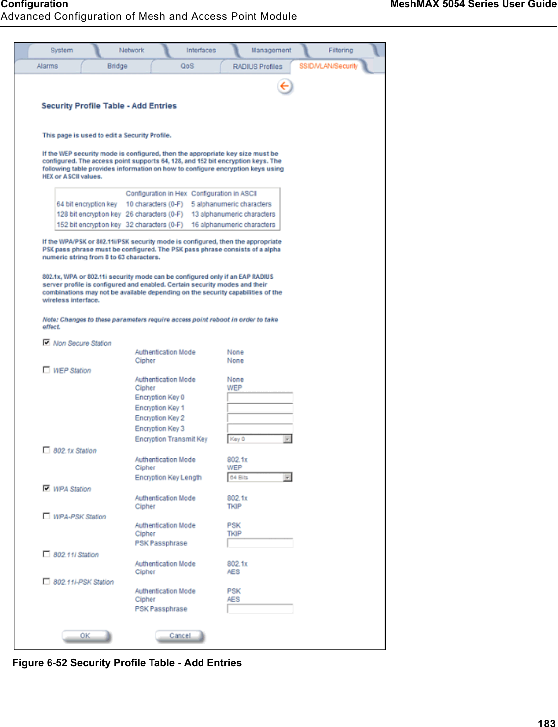 Configuration MeshMAX 5054 Series User GuideAdvanced Configuration of Mesh and Access Point Module183Figure 6-52 Security Profile Table - Add Entries