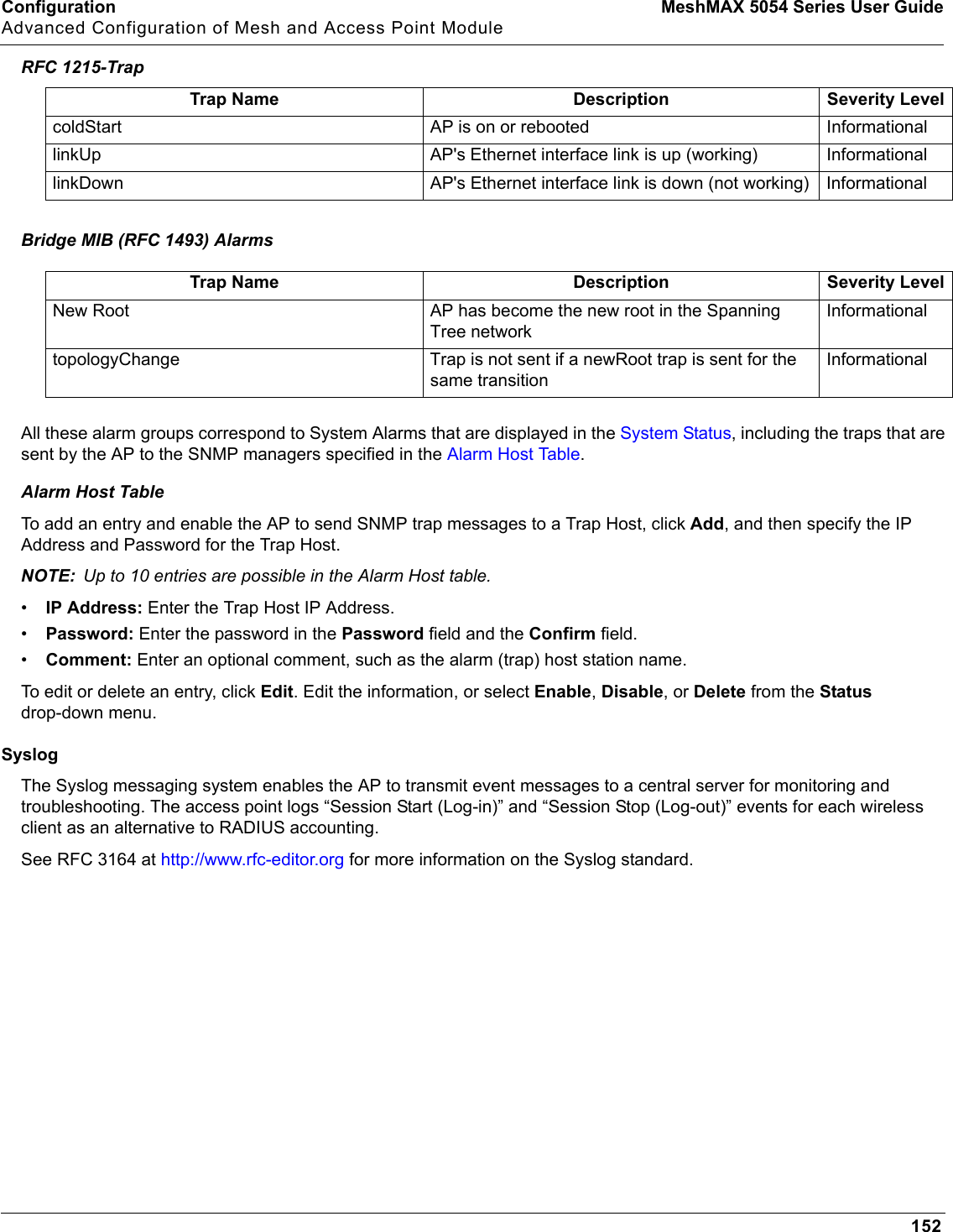 Configuration MeshMAX 5054 Series User GuideAdvanced Configuration of Mesh and Access Point Module152RFC 1215-Trap Bridge MIB (RFC 1493) Alarms All these alarm groups correspond to System Alarms that are displayed in the System Status, including the traps that are sent by the AP to the SNMP managers specified in the Alarm Host Table.Alarm Host TableTo add an entry and enable the AP to send SNMP trap messages to a Trap Host, click Add, and then specify the IP Address and Password for the Trap Host.NOTE: Up to 10 entries are possible in the Alarm Host table.•IP Address: Enter the Trap Host IP Address.•Password: Enter the password in the Password field and the Confirm field. •Comment: Enter an optional comment, such as the alarm (trap) host station name.To edit or delete an entry, click Edit. Edit the information, or select Enable,Disable, or Delete from the Statusdrop-down menu.SyslogThe Syslog messaging system enables the AP to transmit event messages to a central server for monitoring and troubleshooting. The access point logs “Session Start (Log-in)” and “Session Stop (Log-out)” events for each wireless client as an alternative to RADIUS accounting. See RFC 3164 at http://www.rfc-editor.org for more information on the Syslog standard.Trap Name Description Severity LevelcoldStart AP is on or rebooted InformationallinkUp AP&apos;s Ethernet interface link is up (working) InformationallinkDown AP&apos;s Ethernet interface link is down (not working) InformationalTrap Name Description Severity LevelNew Root AP has become the new root in the Spanning Tree networkInformationaltopologyChange Trap is not sent if a newRoot trap is sent for the same transitionInformational