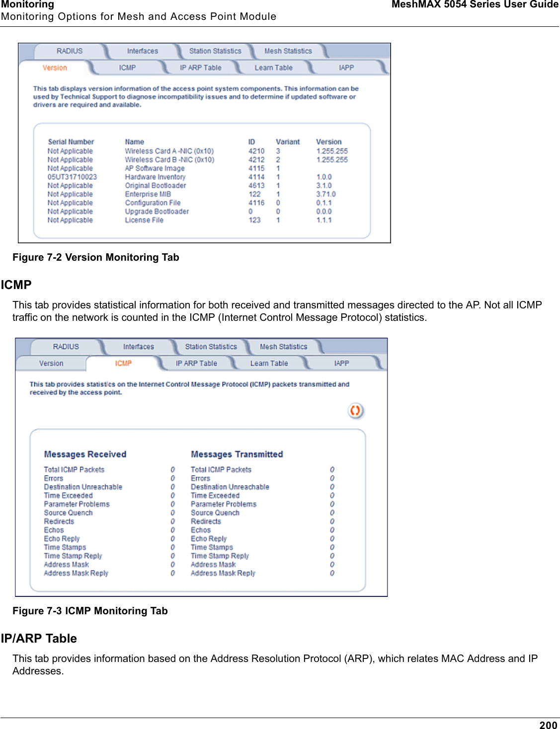 Monitoring MeshMAX 5054 Series User GuideMonitoring Options for Mesh and Access Point Module200Figure 7-2 Version Monitoring TabICMPThis tab provides statistical information for both received and transmitted messages directed to the AP. Not all ICMP traffic on the network is counted in the ICMP (Internet Control Message Protocol) statistics.Figure 7-3 ICMP Monitoring TabIP/ARP TableThis tab provides information based on the Address Resolution Protocol (ARP), which relates MAC Address and IP Addresses. 