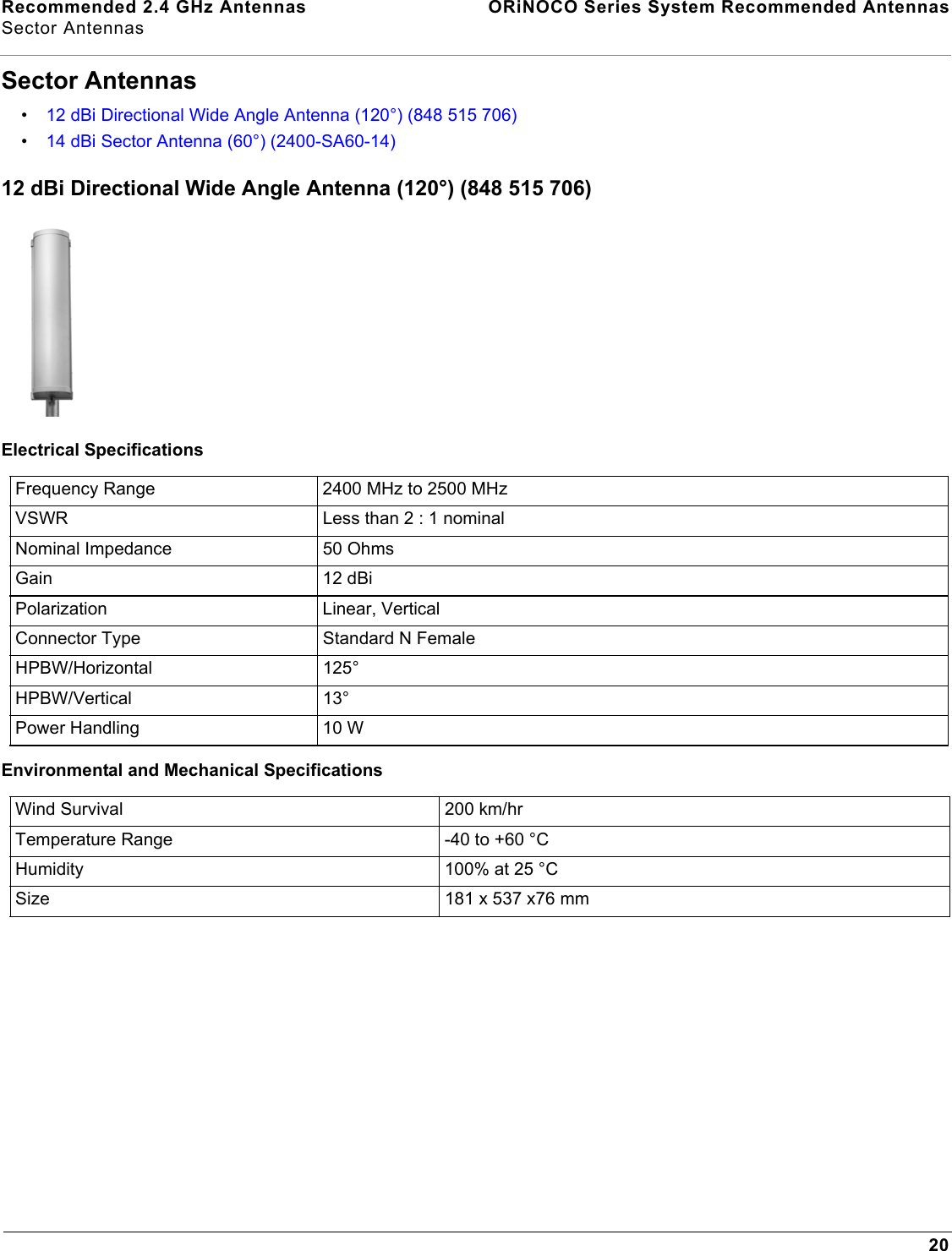 Recommended 2.4 GHz Antennas  ORiNOCO Series System Recommended AntennasSector Antennas20Sector Antennas•12 dBi Directional Wide Angle Antenna (120°) (848 515 706)•14 dBi Sector Antenna (60°) (2400-SA60-14)12 dBi Directional Wide Angle Antenna (120°) (848 515 706)Electrical SpecificationsEnvironmental and Mechanical SpecificationsFrequency Range 2400 MHz to 2500 MHzVSWR Less than 2 : 1 nominalNominal Impedance 50 OhmsGain 12 dBiPolarization Linear, VerticalConnector Type Standard N FemaleHPBW/Horizontal 125°HPBW/Vertical 13°Power Handling 10 WWind Survival 200 km/hrTemperature Range -40 to +60 °CHumidity 100% at 25 °CSize 181 x 537 x76 mm