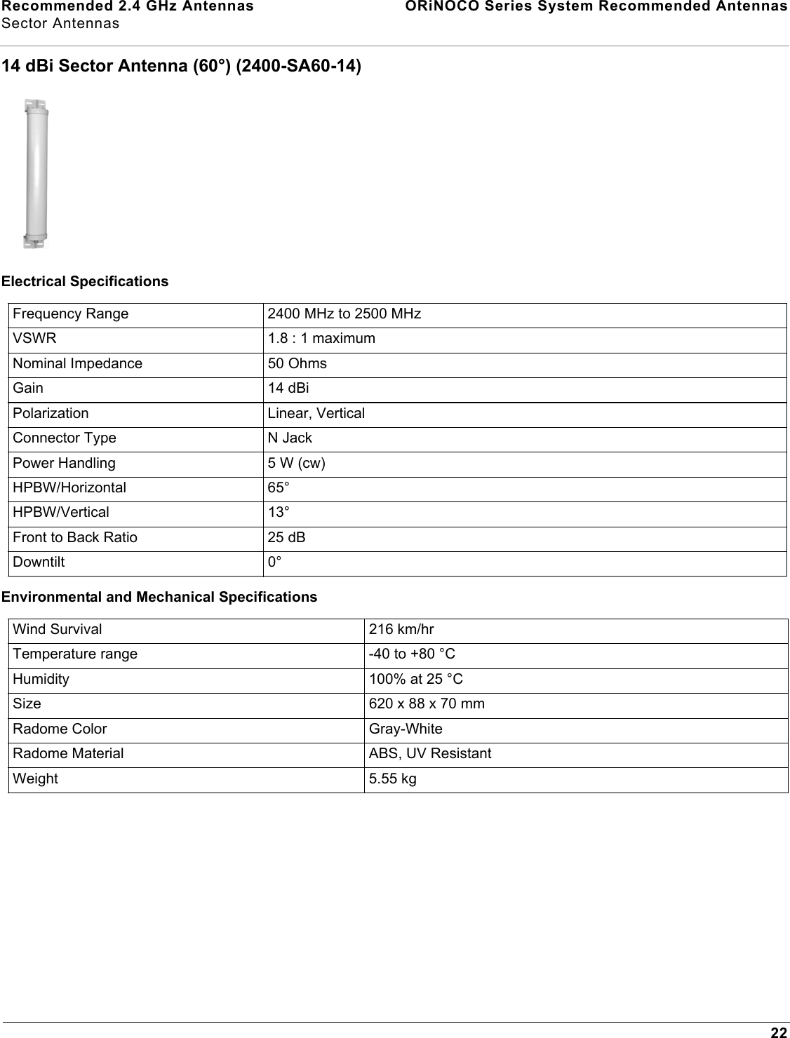 Recommended 2.4 GHz Antennas  ORiNOCO Series System Recommended AntennasSector Antennas2214 dBi Sector Antenna (60°) (2400-SA60-14)Electrical SpecificationsEnvironmental and Mechanical SpecificationsFrequency Range 2400 MHz to 2500 MHzVSWR 1.8 : 1 maximumNominal Impedance 50 OhmsGain 14 dBiPolarization Linear, VerticalConnector Type N JackPower Handling 5 W (cw)HPBW/Horizontal 65°HPBW/Vertical 13°Front to Back Ratio 25 dBDowntilt 0°Wind Survival 216 km/hr Temperature range -40 to +80 °CHumidity 100% at 25 °CSize 620 x 88 x 70 mmRadome Color Gray-WhiteRadome Material ABS, UV ResistantWeight 5.55 kg