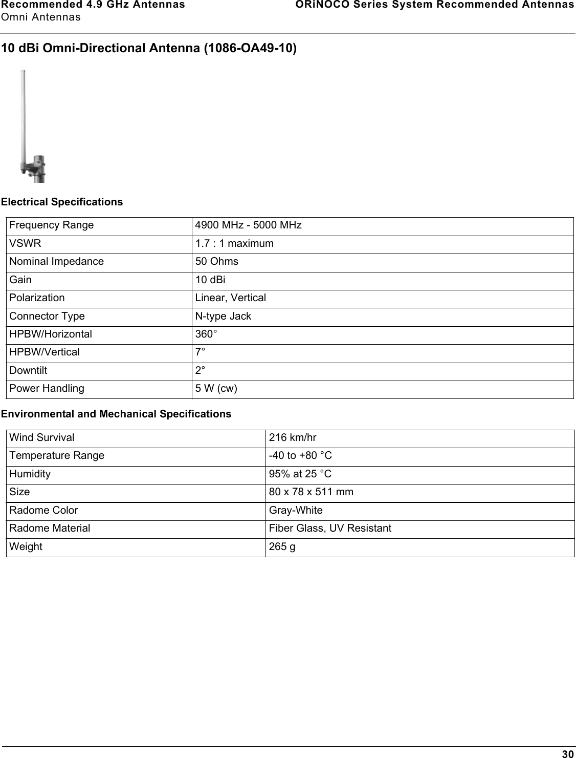 Recommended 4.9 GHz Antennas  ORiNOCO Series System Recommended AntennasOmni Antennas3010 dBi Omni-Directional Antenna (1086-OA49-10)Electrical SpecificationsEnvironmental and Mechanical SpecificationsFrequency Range 4900 MHz - 5000 MHzVSWR 1.7 : 1 maximumNominal Impedance 50 OhmsGain 10 dBiPolarization Linear, VerticalConnector Type N-type JackHPBW/Horizontal 360°HPBW/Vertical 7°Downtilt 2°Power Handling 5 W (cw)Wind Survival 216 km/hr Temperature Range -40 to +80 °CHumidity 95% at 25 °CSize 80 x 78 x 511 mmRadome Color Gray-WhiteRadome Material Fiber Glass, UV ResistantWeight 265 g