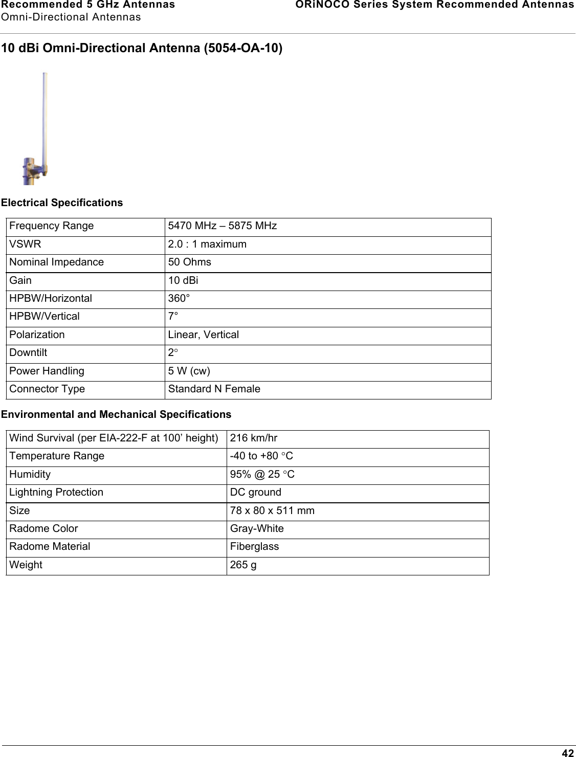 Recommended 5 GHz Antennas  ORiNOCO Series System Recommended AntennasOmni-Directional Antennas4210 dBi Omni-Directional Antenna (5054-OA-10)Electrical SpecificationsEnvironmental and Mechanical SpecificationsFrequency Range 5470 MHz – 5875 MHzVSWR 2.0 : 1 maximumNominal Impedance 50 OhmsGain 10 dBiHPBW/Horizontal 360°HPBW/Vertical 7°Polarization Linear, VerticalDowntilt 2°Power Handling 5 W (cw)Connector Type Standard N FemaleWind Survival (per EIA-222-F at 100’ height) 216 km/hrTemperature Range -40 to +80 °CHumidity 95% @ 25 °C Lightning Protection DC groundSize 78 x 80 x 511 mmRadome Color Gray-WhiteRadome Material FiberglassWeight 265 g