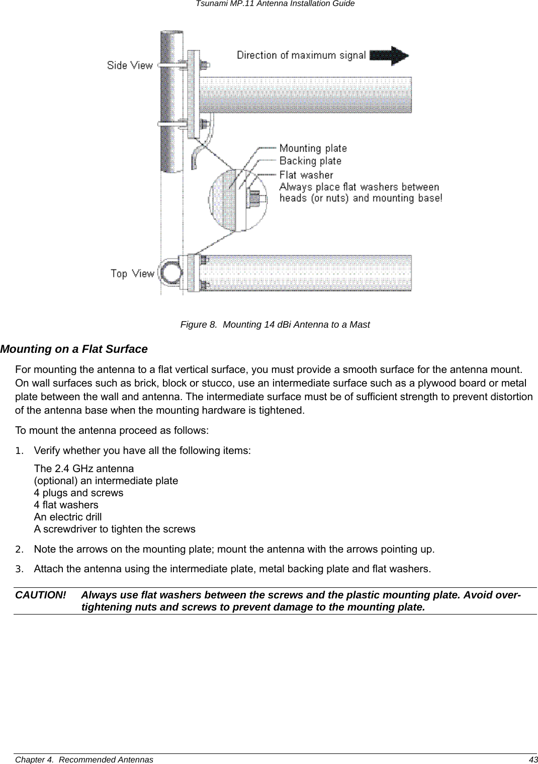 Tsunami MP.11 Antenna Installation Guide  Figure 8.  Mounting 14 dBi Antenna to a Mast Mounting on a Flat Surface For mounting the antenna to a flat vertical surface, you must provide a smooth surface for the antenna mount. On wall surfaces such as brick, block or stucco, use an intermediate surface such as a plywood board or metal plate between the wall and antenna. The intermediate surface must be of sufficient strength to prevent distortion of the antenna base when the mounting hardware is tightened. To mount the antenna proceed as follows: 1.  Verify whether you have all the following items: The 2.4 GHz antenna (optional) an intermediate plate 4 plugs and screws 4 flat washers An electric drill A screwdriver to tighten the screws 2.  Note the arrows on the mounting plate; mount the antenna with the arrows pointing up. 3.  Attach the antenna using the intermediate plate, metal backing plate and flat washers.   CAUTION!  Always use flat washers between the screws and the plastic mounting plate. Avoid over-tightening nuts and screws to prevent damage to the mounting plate. Chapter 4.  Recommended Antennas  43 