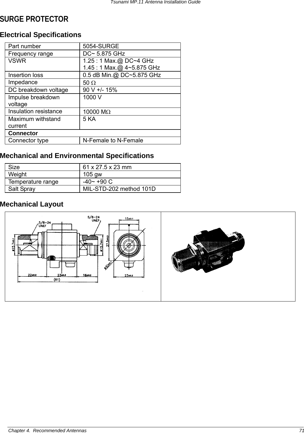 Tsunami MP.11 Antenna Installation Guide SURGE PROTECTOR Electrical Specifications Part number  5054-SURGE Frequency range  DC~ 5.875 GHz VSWR  1.25 : 1 Max.@ DC~4 GHz 1.45 : 1 Max.@ 4~5.875 GHz Insertion loss  0.5 dB Min.@ DC~5.875 GHz Impedance  50 Ω DC breakdown voltage  90 V +/- 15% Impulse breakdown voltage 1000 V Insulation resistance  10000 MΩ Maximum withstand current 5 KA Connector Connector type  N-Female to N-Female Mechanical and Environmental Specifications Size  61 x 27.5 x 23 mm Weight 105 gw Temperature range  -40~ +90 C Salt Spray  MIL-STD-202 method 101D Mechanical Layout  Chapter 4.  Recommended Antennas  71 