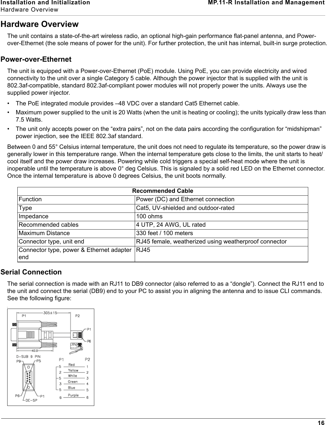 Installation and Initialization MP.11-R Installation and ManagementHardware Overview16Hardware OverviewThe unit contains a state-of-the-art wireless radio, an optional high-gain performance flat-panel antenna, and Power-over-Ethernet (the sole means of power for the unit). For further protection, the unit has internal, built-in surge protection.Power-over-EthernetThe unit is equipped with a Power-over-Ethernet (PoE) module. Using PoE, you can provide electricity and wired connectivity to the unit over a single Category 5 cable. Although the power injector that is supplied with the unit is 802.3af-compatible, standard 802.3af-compliant power modules will not properly power the units. Always use the supplied power injector.• The PoE integrated module provides –48 VDC over a standard Cat5 Ethernet cable.• Maximum power supplied to the unit is 20 Watts (when the unit is heating or cooling); the units typically draw less than 7.5 Watts.• The unit only accepts power on the “extra pairs”, not on the data pairs according the configuration for “midshipman” power injection, see the IEEE 802.3af standard.Between 0 and 55° Celsius internal temperature, the unit does not need to regulate its temperature, so the power draw is generally lower in this temperature range. When the internal temperature gets close to the limits, the unit starts to heat/cool itself and the power draw increases. Powering while cold triggers a special self-heat mode where the unit is inoperable until the temperature is above 0° deg Celsius. This is signaled by a solid red LED on the Ethernet connector. Once the internal temperature is above 0 degrees Celsius, the unit boots normally.Serial ConnectionThe serial connection is made with an RJ11 to DB9 connector (also referred to as a “dongle”). Connect the RJ11 end to the unit and connect the serial (DB9) end to your PC to assist you in aligning the antenna and to issue CLI commands. See the following figure:\Recommended CableFunction Power (DC) and Ethernet connectionType Cat5, UV-shielded and outdoor-ratedImpedance 100 ohmsRecommended cables 4 UTP, 24 AWG, UL ratedMaximum Distance 330 feet / 100 metersConnector type, unit end  RJ45 female, weatherized using weatherproof connectorConnector type, power &amp; Ethernet adapter endRJ45