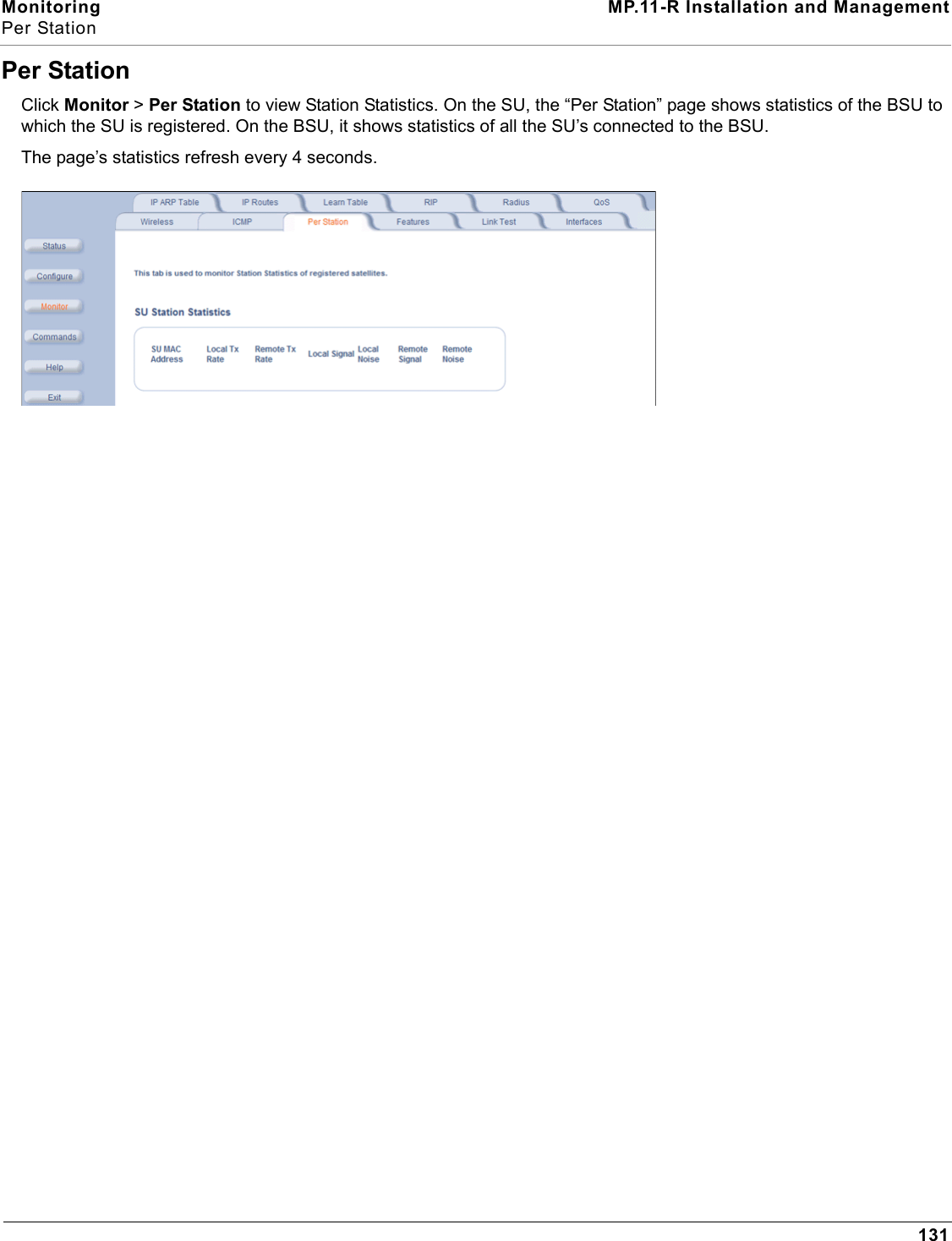 Monitoring MP.11-R Installation and ManagementPer Station131Per StationClick Monitor &gt; Per Station to view Station Statistics. On the SU, the “Per Station” page shows statistics of the BSU to which the SU is registered. On the BSU, it shows statistics of all the SU’s connected to the BSU.The page’s statistics refresh every 4 seconds.