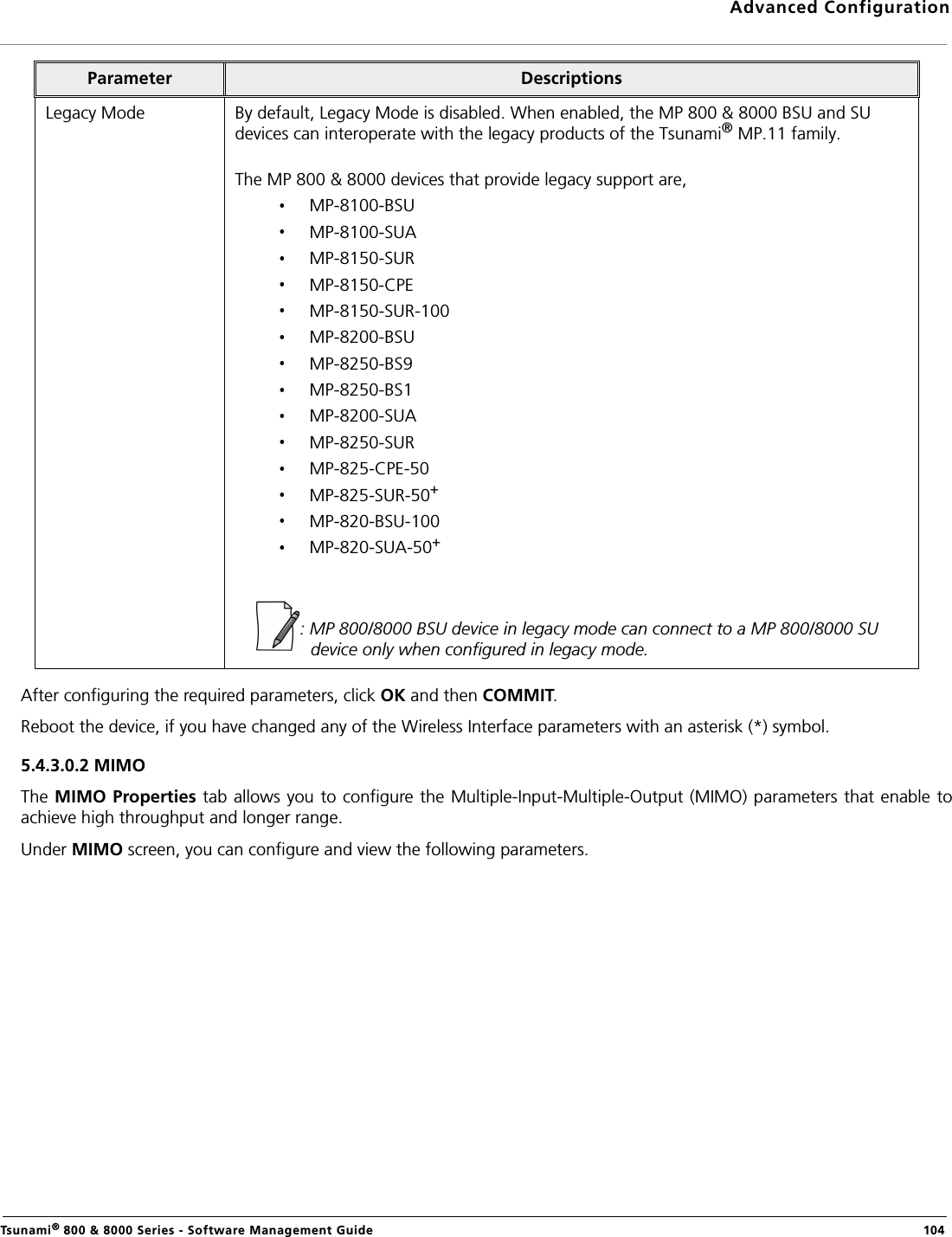 Advanced ConfigurationTsunami® 800 &amp; 8000 Series - Software Management Guide  104After configuring the required parameters, click OK and then COMMIT.Reboot the device, if you have changed any of the Wireless Interface parameters with an asterisk (*) symbol.5.4.3.0.2 MIMO The MIMO Properties tab allows you to configure the Multiple-Input-Multiple-Output (MIMO) parameters that enable toachieve high throughput and longer range.Under MIMO screen, you can configure and view the following parameters.Legacy Mode By default, Legacy Mode is disabled. When enabled, the MP 800 &amp; 8000 BSU and SU devices can interoperate with the legacy products of the Tsunami® MP.11 family. The MP 800 &amp; 8000 devices that provide legacy support are, MP-8100-BSUMP-8100-SUAMP-8150-SURMP-8150-CPEMP-8150-SUR-100MP-8200-BSUMP-8250-BS9MP-8250-BS1MP-8200-SUAMP-8250-SURMP-825-CPE-50MP-825-SUR-50+MP-820-BSU-100MP-820-SUA-50+: MP 800/8000 BSU device in legacy mode can connect to a MP 800/8000 SU device only when configured in legacy mode.Parameter Descriptions