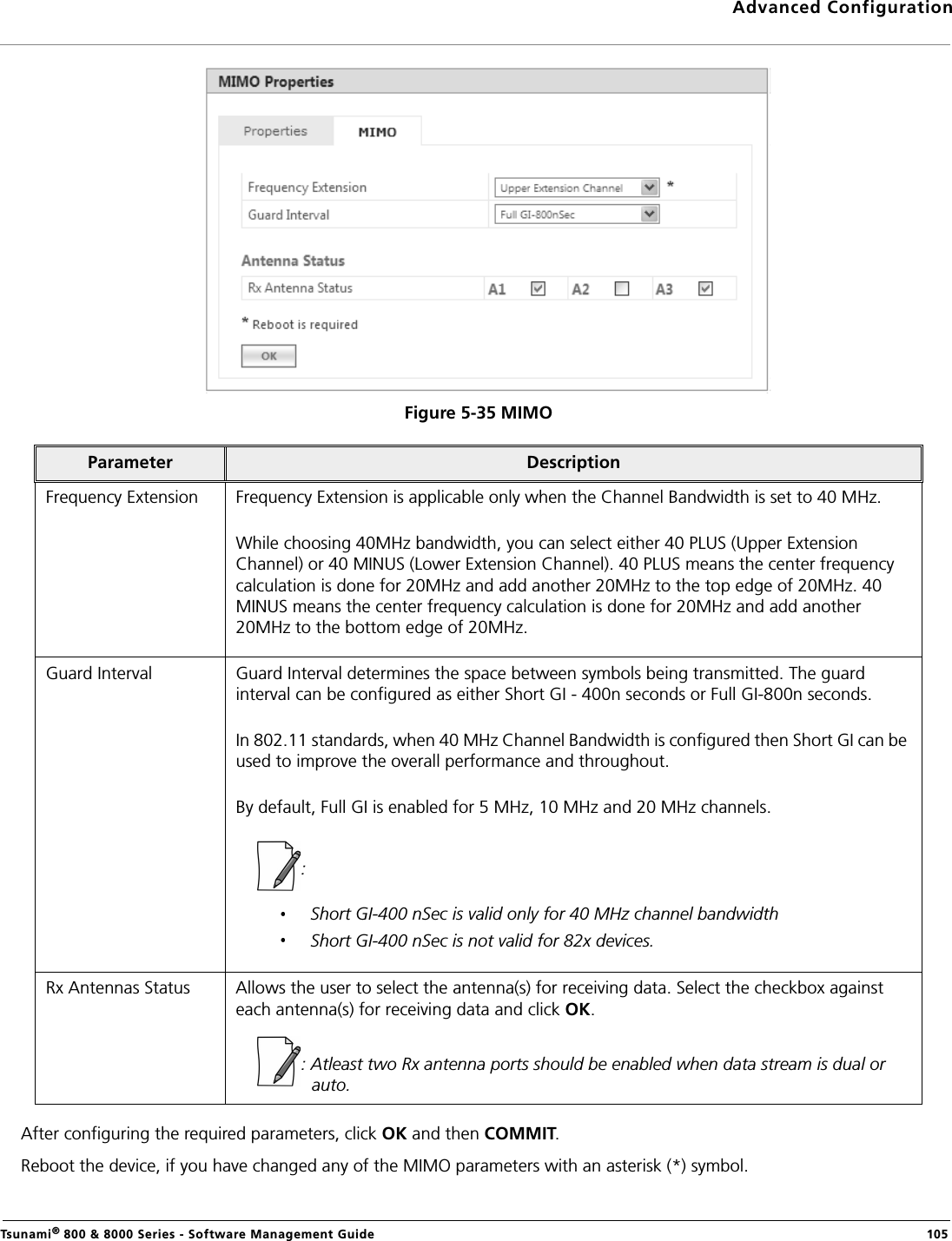 Advanced ConfigurationTsunami® 800 &amp; 8000 Series - Software Management Guide  105Figure 5-35 MIMOAfter configuring the required parameters, click OK and then COMMIT.Reboot the device, if you have changed any of the MIMO parameters with an asterisk (*) symbol.Parameter DescriptionFrequency Extension Frequency Extension is applicable only when the Channel Bandwidth is set to 40 MHz.While choosing 40MHz bandwidth, you can select either 40 PLUS (Upper Extension Channel) or 40 MINUS (Lower Extension Channel). 40 PLUS means the center frequency calculation is done for 20MHz and add another 20MHz to the top edge of 20MHz. 40 MINUS means the center frequency calculation is done for 20MHz and add another 20MHz to the bottom edge of 20MHz.Guard Interval Guard Interval determines the space between symbols being transmitted. The guard interval can be configured as either Short GI - 400n seconds or Full GI-800n seconds.In 802.11 standards, when 40 MHz Channel Bandwidth is configured then Short GI can be used to improve the overall performance and throughout.By default, Full GI is enabled for 5 MHz, 10 MHz and 20 MHz channels.: Short GI-400 nSec is valid only for 40 MHz channel bandwidthShort GI-400 nSec is not valid for 82x devices.Rx Antennas Status Allows the user to select the antenna(s) for receiving data. Select the checkbox against each antenna(s) for receiving data and click OK.: Atleast two Rx antenna ports should be enabled when data stream is dual or auto.