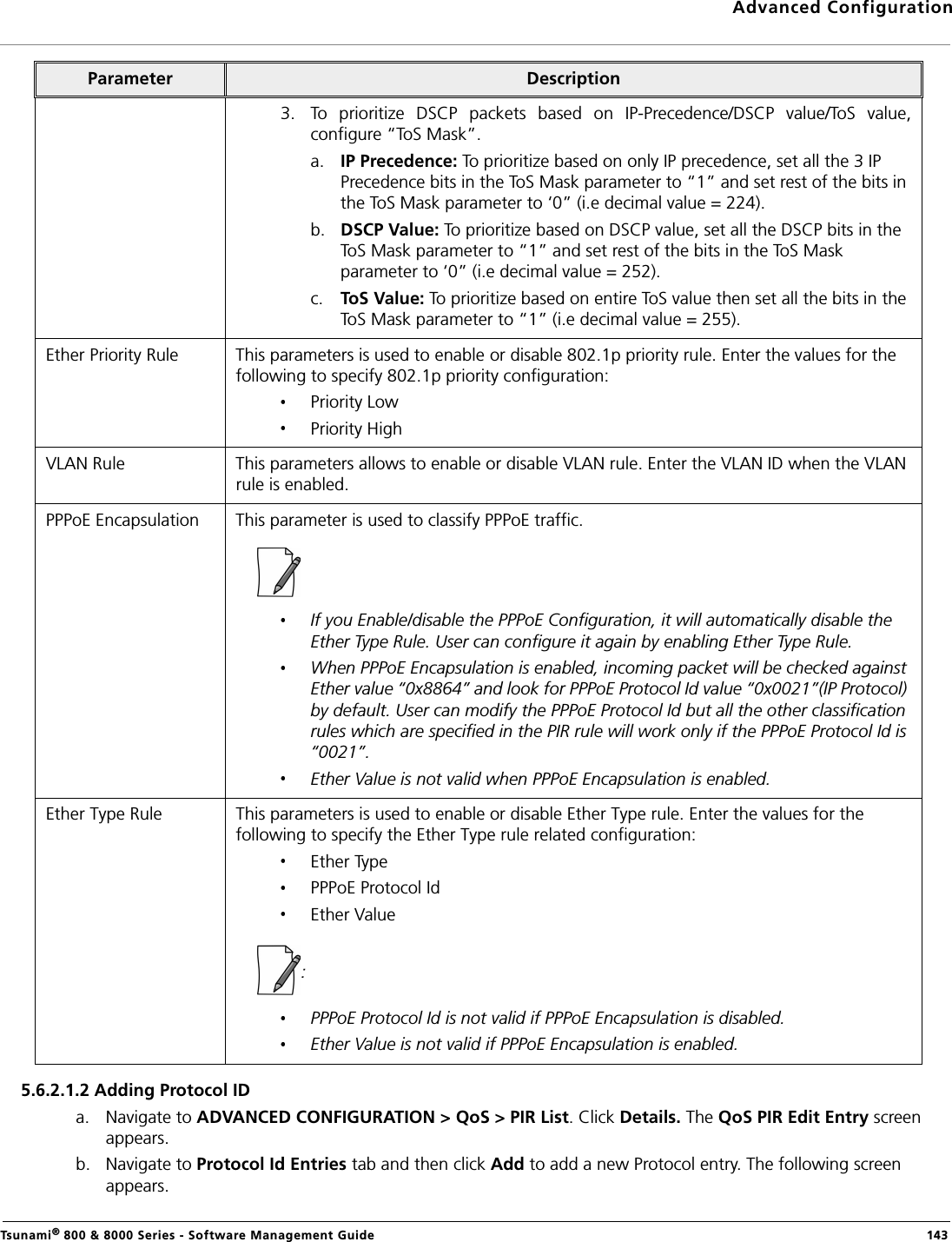 Advanced ConfigurationTsunami® 800 &amp; 8000 Series - Software Management Guide  1435.6.2.1.2 Adding Protocol IDa. Navigate to ADVANCED CONFIGURATION &gt; QoS &gt; PIR List. Click Details. The QoS PIR Edit Entry screen appears.b. Navigate to Protocol Id Entries tab and then click Add to add a new Protocol entry. The following screen appears.3. To  prioritize  DSCP  packets  based  on  IP-Precedence/DSCP  value/ToS  value,configure “ToS Mask”.a. IP Precedence: To prioritize based on only IP precedence, set all the 3 IP Precedence bits in the ToS Mask parameter to “1” and set rest of the bits in the ToS Mask parameter to ‘0” (i.e decimal value = 224).b. DSCP Value: To prioritize based on DSCP value, set all the DSCP bits in the ToS Mask parameter to “1” and set rest of the bits in the ToS Mask parameter to ‘0” (i.e decimal value = 252).c. ToS Value: To prioritize based on entire ToS value then set all the bits in the ToS Mask parameter to “1” (i.e decimal value = 255).Ether Priority Rule This parameters is used to enable or disable 802.1p priority rule. Enter the values for the following to specify 802.1p priority configuration:Priority LowPriority HighVLAN Rule This parameters allows to enable or disable VLAN rule. Enter the VLAN ID when the VLAN rule is enabled.PPPoE Encapsulation This parameter is used to classify PPPoE traffic.If you Enable/disable the PPPoE Configuration, it will automatically disable the Ether Type Rule. User can configure it again by enabling Ether Type Rule.When PPPoE Encapsulation is enabled, incoming packet will be checked against Ether value “0x8864” and look for PPPoE Protocol Id value “0x0021”(IP Protocol) by default. User can modify the PPPoE Protocol Id but all the other classification rules which are specified in the PIR rule will work only if the PPPoE Protocol Id is “0021”.Ether Value is not valid when PPPoE Encapsulation is enabled.Ether Type Rule This parameters is used to enable or disable Ether Type rule. Enter the values for the following to specify the Ether Type rule related configuration:Ether TypePPPoE Protocol IdEther Value:PPPoE Protocol Id is not valid if PPPoE Encapsulation is disabled.Ether Value is not valid if PPPoE Encapsulation is enabled.Parameter Description