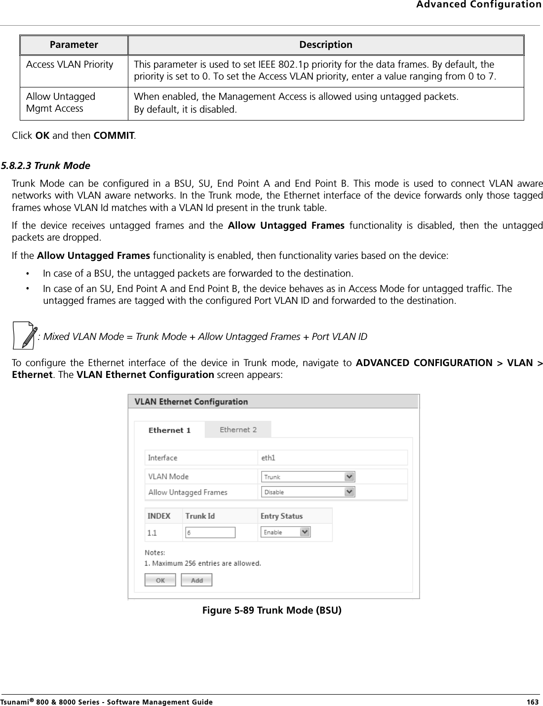 Advanced ConfigurationTsunami® 800 &amp; 8000 Series - Software Management Guide  163Click OK and then COMMIT.5.8.2.3 Trunk ModeTrunk  Mode  can  be  configured  in  a  BSU,  SU,  End  Point  A  and  End  Point  B.  This  mode  is  used  to  connect  VLAN  awarenetworks with VLAN aware networks. In the Trunk mode, the Ethernet interface of the device forwards only those taggedframes whose VLAN Id matches with a VLAN Id present in the trunk table. If  the  device  receives  untagged  frames  and  the  Allow  Untagged  Frames  functionality  is  disabled,  then  the  untaggedpackets are dropped.If the Allow Untagged Frames functionality is enabled, then functionality varies based on the device:In case of a BSU, the untagged packets are forwarded to the destination.In case of an SU, End Point A and End Point B, the device behaves as in Access Mode for untagged traffic. The untagged frames are tagged with the configured Port VLAN ID and forwarded to the destination. : Mixed VLAN Mode = Trunk Mode + Allow Untagged Frames + Port VLAN IDTo  configure the Ethernet  interface  of  the  device  in  Trunk  mode,  navigate  to  ADVANCED  CONFIGURATION  &gt;  VLAN  &gt;Ethernet. The VLAN Ethernet Configuration screen appears:Figure 5-89 Trunk Mode (BSU)Access VLAN Priority This parameter is used to set IEEE 802.1p priority for the data frames. By default, the priority is set to 0. To set the Access VLAN priority, enter a value ranging from 0 to 7.Allow Untagged Mgmt AccessWhen enabled, the Management Access is allowed using untagged packets.By default, it is disabled.Parameter Description