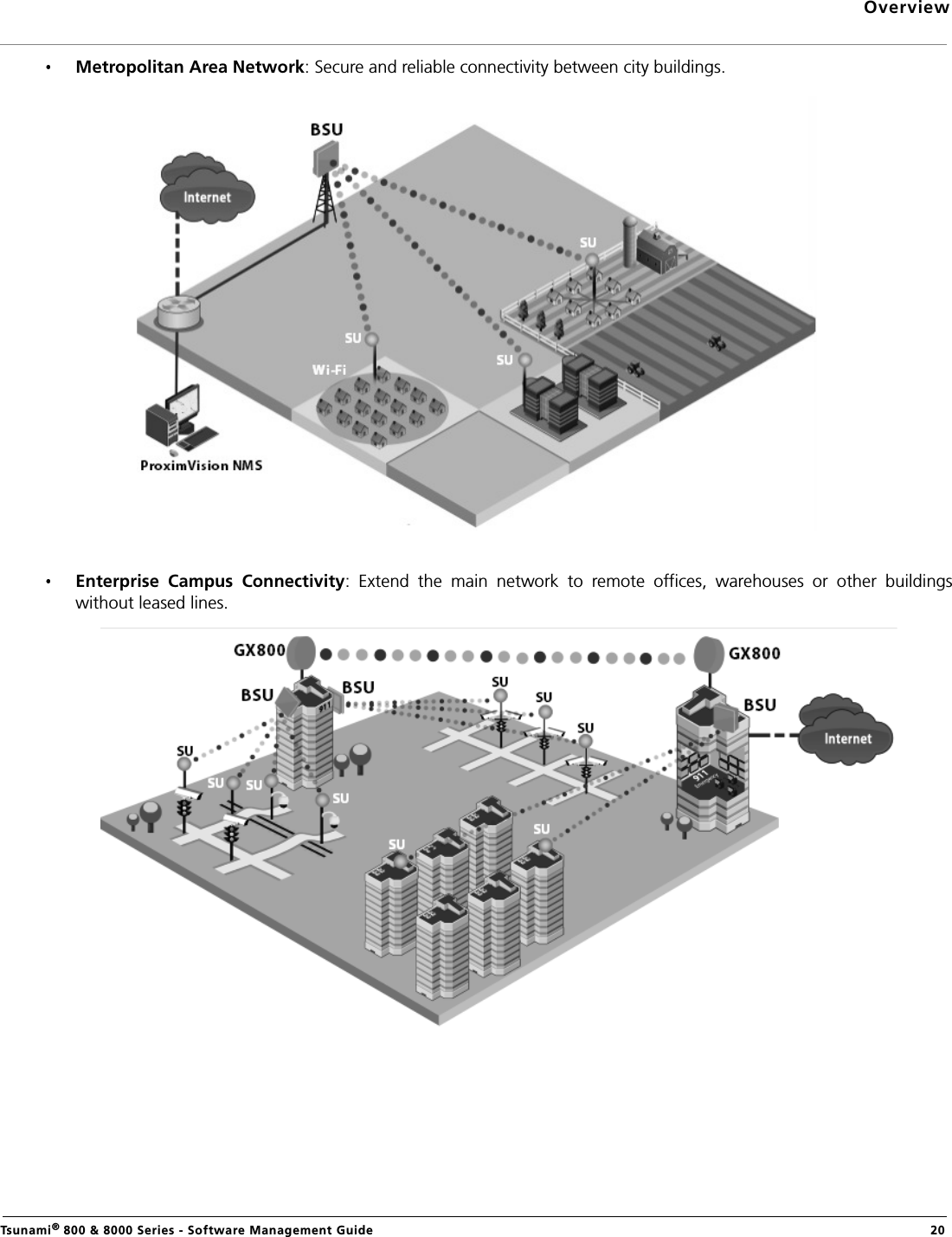 OverviewTsunami® 800 &amp; 8000 Series - Software Management Guide  20Metropolitan Area Network: Secure and reliable connectivity between city buildings.Enterprise  Campus  Connectivity:  Extend  the  main  network  to  remote  offices,  warehouses  or  other  buildingswithout leased lines.