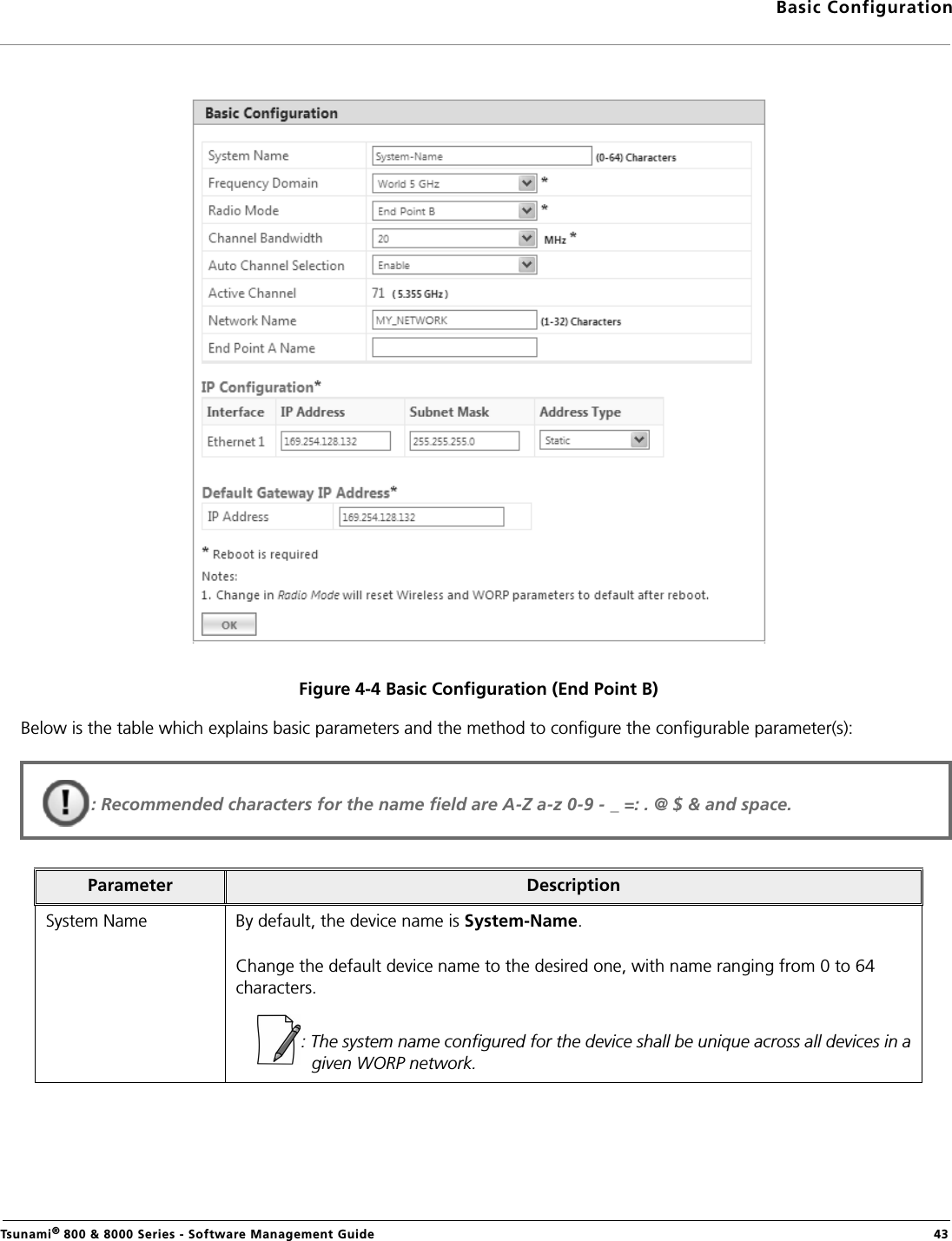 Basic ConfigurationTsunami® 800 &amp; 8000 Series - Software Management Guide  43Figure 4-4 Basic Configuration (End Point B)Below is the table which explains basic parameters and the method to configure the configurable parameter(s):Parameter DescriptionSystem Name By default, the device name is System-Name. Change the default device name to the desired one, with name ranging from 0 to 64 characters. : The system name configured for the device shall be unique across all devices in agiven WORP network.: Recommended characters for the name field are A-Z a-z 0-9 - _ =: . @ $ &amp; and space.