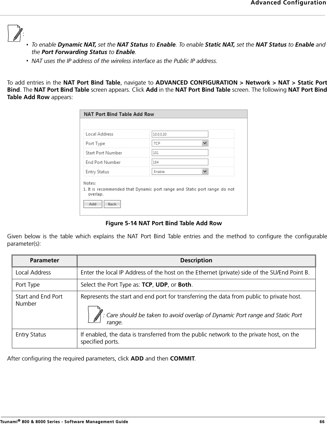 Advanced ConfigurationTsunami® 800 &amp; 8000 Series - Software Management Guide  66:To enable Dynamic NAT, set the NAT Status to Enable. To enable Static NAT, set the NAT Status to Enable and the Port Forwarding Status to Enable.NAT uses the IP address of the wireless interface as the Public IP address.To add entries in the NAT Port Bind Table, navigate to ADVANCED CONFIGURATION &gt; Network &gt; NAT &gt; Static PortBind. The NAT Port Bind Table screen appears. Click Add in the NAT Port Bind Table screen. The following NAT Port BindTable Add Row appears:Figure 5-14 NAT Port Bind Table Add RowGiven  below  is  the  table  which  explains  the  NAT  Port  Bind  Table  entries  and  the  method  to  configure  the  configurableparameter(s):After configuring the required parameters, click ADD and then COMMIT.Parameter DescriptionLocal Address Enter the local IP Address of the host on the Ethernet (private) side of the SU/End Point B.Port Type Select the Port Type as: TCP, UDP, or Both.Start and End Port NumberRepresents the start and end port for transferring the data from public to private host.: Care should be taken to avoid overlap of Dynamic Port range and Static Port range.Entry Status If enabled, the data is transferred from the public network to the private host, on the specified ports. 