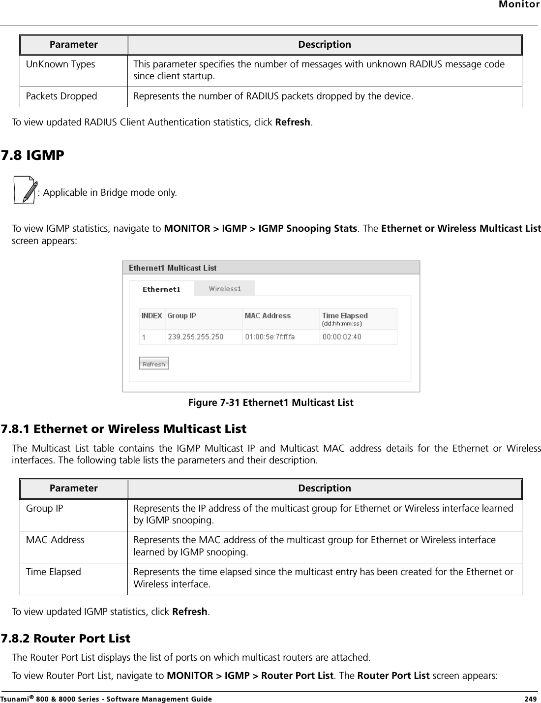 MonitorTsunami® 800 &amp; 8000 Series - Software Management Guide  249To view updated RADIUS Client Authentication statistics, click Refresh. 7.8 IGMP: Applicable in Bridge mode only.To view IGMP statistics, navigate to MONITOR &gt; IGMP &gt; IGMP Snooping Stats. The Ethernet or Wireless Multicast Listscreen appears:Figure 7-31 Ethernet1 Multicast List7.8.1 Ethernet or Wireless Multicast ListThe  Multicast  List  table  contains  the  IGMP  Multicast  IP  and  Multicast  MAC  address  details  for  the  Ethernet  or  Wirelessinterfaces. The following table lists the parameters and their description.To view updated IGMP statistics, click Refresh. 7.8.2 Router Port ListThe Router Port List displays the list of ports on which multicast routers are attached.To view Router Port List, navigate to MONITOR &gt; IGMP &gt; Router Port List. The Router Port List screen appears:UnKnown Types This parameter specifies the number of messages with unknown RADIUS message code since client startup.Packets Dropped Represents the number of RADIUS packets dropped by the device.Parameter DescriptionGroup IP Represents the IP address of the multicast group for Ethernet or Wireless interface learned by IGMP snooping.MAC Address Represents the MAC address of the multicast group for Ethernet or Wireless interface learned by IGMP snooping.Time Elapsed Represents the time elapsed since the multicast entry has been created for the Ethernet or Wireless interface.Parameter  Description