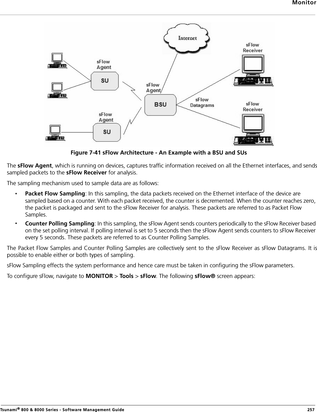 MonitorTsunami® 800 &amp; 8000 Series - Software Management Guide  257Figure 7-41 sFlow Architecture - An Example with a BSU and SUsThe sFlow Agent, which is running on devices, captures traffic information received on all the Ethernet interfaces, and sendssampled packets to the sFlow Receiver for analysis. The sampling mechanism used to sample data are as follows: Packet Flow Sampling: In this sampling, the data packets received on the Ethernet interface of the device are sampled based on a counter. With each packet received, the counter is decremented. When the counter reaches zero, the packet is packaged and sent to the sFlow Receiver for analysis. These packets are referred to as Packet Flow Samples.Counter Polling Sampling: In this sampling, the sFlow Agent sends counters periodically to the sFlow Receiver based on the set polling interval. If polling interval is set to 5 seconds then the sFlow Agent sends counters to sFlow Receiver every 5 seconds. These packets are referred to as Counter Polling Samples.The Packet Flow Samples and Counter Polling Samples are collectively sent to the sFlow Receiver as sFlow Datagrams. It ispossible to enable either or both types of sampling.sFlow Sampling effects the system performance and hence care must be taken in configuring the sFlow parameters.To configure sFlow, navigate to MONITOR &gt; Tools &gt; sFlow. The following sFlow® screen appears: