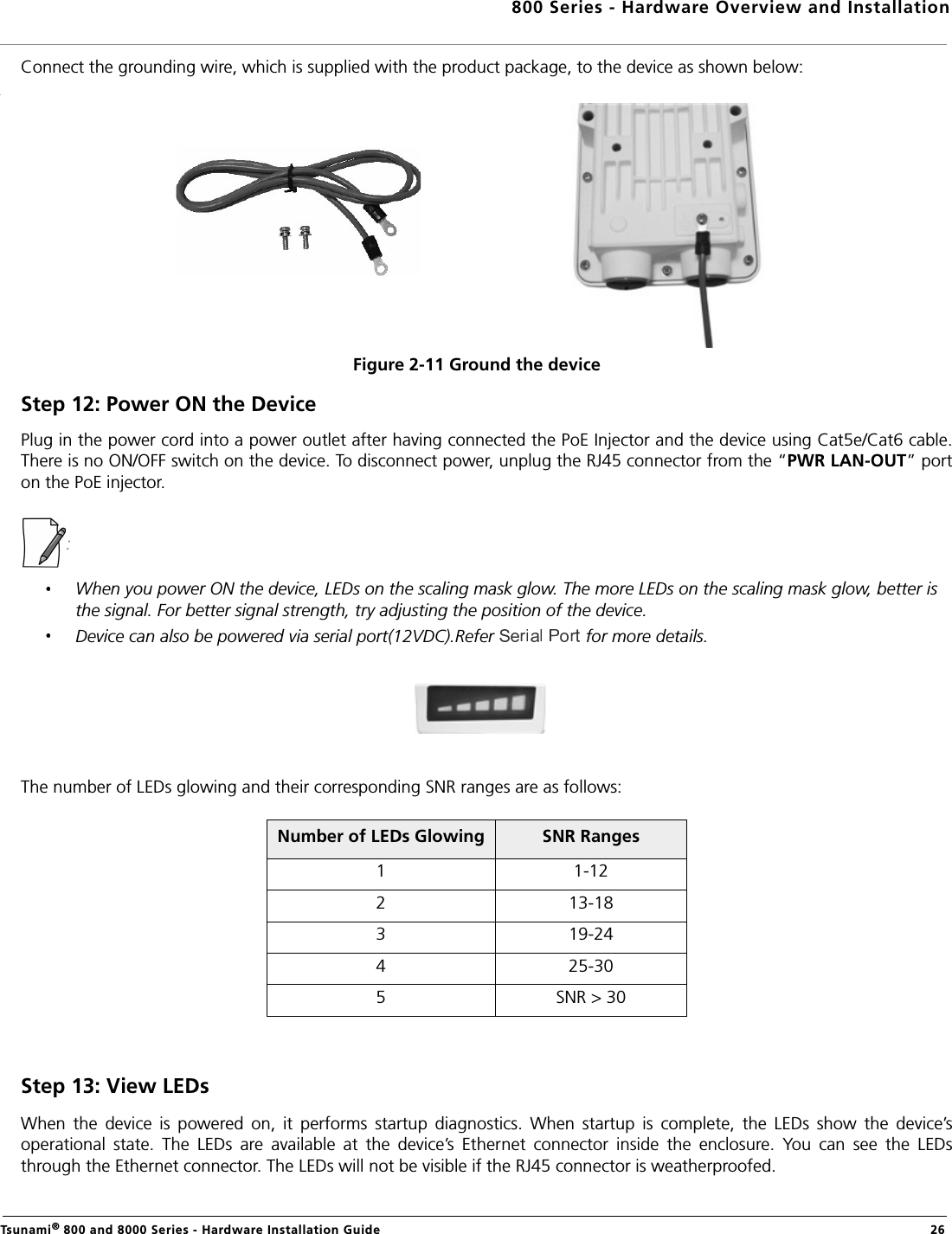 800 Series - Hardware Overview and InstallationTsunami® 800 and 8000 Series - Hardware Installation Guide  26Connect the grounding wire, which is supplied with the product package, to the device as shown below:Figure 2-11 Ground the deviceStep 12: Power ON the DevicePlug in the power cord into a power outlet after having connected the PoE Injector and the device using Cat5e/Cat6 cable.There is no ON/OFF switch on the device. To disconnect power, unplug the RJ45 connector from the “PWR LAN-OUT” porton the PoE injector.: When you power ON the device, LEDs on the scaling mask glow. The more LEDs on the scaling mask glow, better is the signal. For better signal strength, try adjusting the position of the device.Device can also be powered via serial port(12VDC).Refer   for more details.The number of LEDs glowing and their corresponding SNR ranges are as follows:Step 13: View LEDsWhen  the  device  is  powered  on,  it  performs  startup  diagnostics.  When  startup  is  complete,  the  LEDs  show  the  device’soperational  state.  The  LEDs  are  available  at  the  device’s  Ethernet  connector  inside  the  enclosure.  You  can  see  the  LEDsthrough the Ethernet connector. The LEDs will not be visible if the RJ45 connector is weatherproofed.Number of LEDs Glowing SNR Ranges1 1-122 13-183 19-244 25-305 SNR &gt; 30