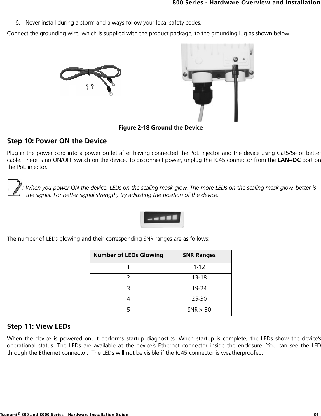 800 Series - Hardware Overview and InstallationTsunami® 800 and 8000 Series - Hardware Installation Guide  346. Never install during a storm and always follow your local safety codes.Connect the grounding wire, which is supplied with the product package, to the grounding lug as shown below:Figure 2-18 Ground the DeviceStep 10: Power ON the DevicePlug in the power cord into a power outlet after having connected the PoE Injector and the device using Cat5/5e or bettercable. There is no ON/OFF switch on the device. To disconnect power, unplug the RJ45 connector from the LAN+DC port onthe PoE injector.: When you power ON the device, LEDs on the scaling mask glow. The more LEDs on the scaling mask glow, better is the signal. For better signal strength, try adjusting the position of the device.The number of LEDs glowing and their corresponding SNR ranges are as follows:Step 11: View LEDsWhen  the  device  is  powered  on,  it  performs  startup  diagnostics.  When  startup  is  complete,  the  LEDs  show  the  device’soperational  status.  The  LEDs  are  available  at  the  device’s  Ethernet  connector  inside  the  enclosure.  You  can  see  the  LEDthrough the Ethernet connector.  The LEDs will not be visible if the RJ45 connector is weatherproofed.Number of LEDs Glowing SNR Ranges1 1-122 13-183 19-244 25-305 SNR &gt; 30