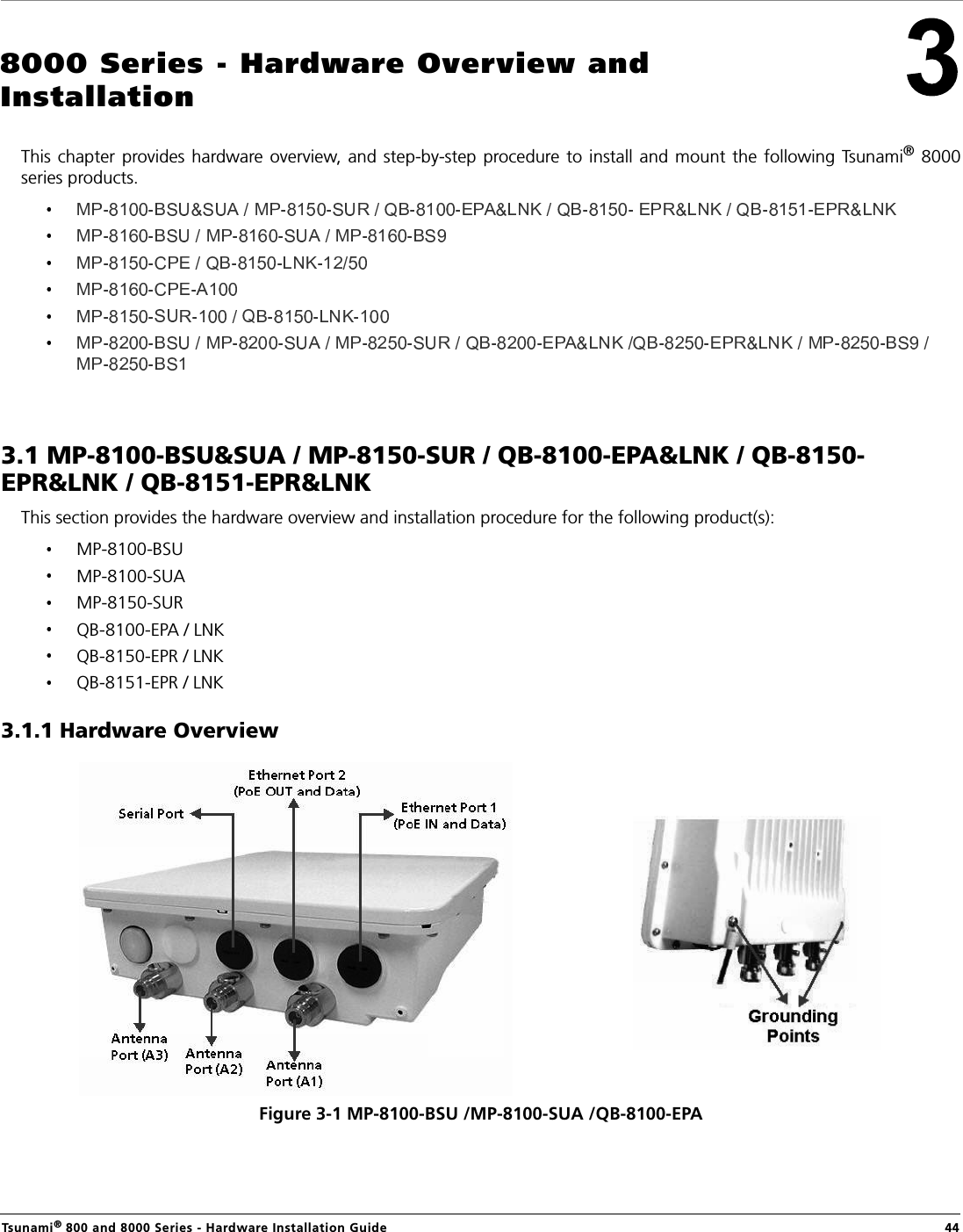 Tsunami® 800 and 8000 Series - Hardware Installation Guide  448000 Series - Hardware Overview and InstallationThis chapter  provides hardware overview,  and  step-by-step  procedure to  install  and  mount  the  following  Tsunami® 8000series products. 3.1 MP-8100-BSU&amp;SUA / MP-8150-SUR / QB-8100-EPA&amp;LNK / QB-8150- EPR&amp;LNK / QB-8151-EPR&amp;LNKThis section provides the hardware overview and installation procedure for the following product(s): MP-8100-BSUMP-8100-SUAMP-8150-SURQB-8100-EPA / LNK QB-8150-EPR / LNKQB-8151-EPR / LNK3.1.1 Hardware OverviewFigure 3-1 MP-8100-BSU /MP-8100-SUA /QB-8100-EPA