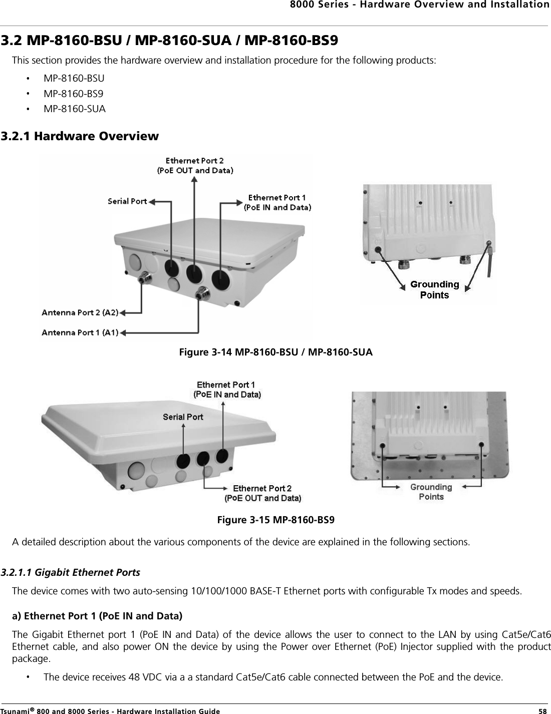 8000 Series - Hardware Overview and InstallationTsunami® 800 and 8000 Series - Hardware Installation Guide  583.2 MP-8160-BSU / MP-8160-SUA / MP-8160-BS9This section provides the hardware overview and installation procedure for the following products: MP-8160-BSUMP-8160-BS9MP-8160-SUA3.2.1 Hardware OverviewFigure 3-14 MP-8160-BSU / MP-8160-SUAFigure 3-15 MP-8160-BS9A detailed description about the various components of the device are explained in the following sections.3.2.1.1 Gigabit Ethernet PortsThe device comes with two auto-sensing 10/100/1000 BASE-T Ethernet ports with configurable Tx modes and speeds.a) Ethernet Port 1 (PoE IN and Data)The  Gigabit  Ethernet  port  1  (PoE  IN  and  Data)  of  the  device allows the user  to  connect  to  the  LAN  by  using  Cat5e/Cat6Ethernet cable, and  also  power  ON  the  device by using the Power over  Ethernet  (PoE)  Injector  supplied with  the productpackage.The device receives 48 VDC via a a standard Cat5e/Cat6 cable connected between the PoE and the device.
