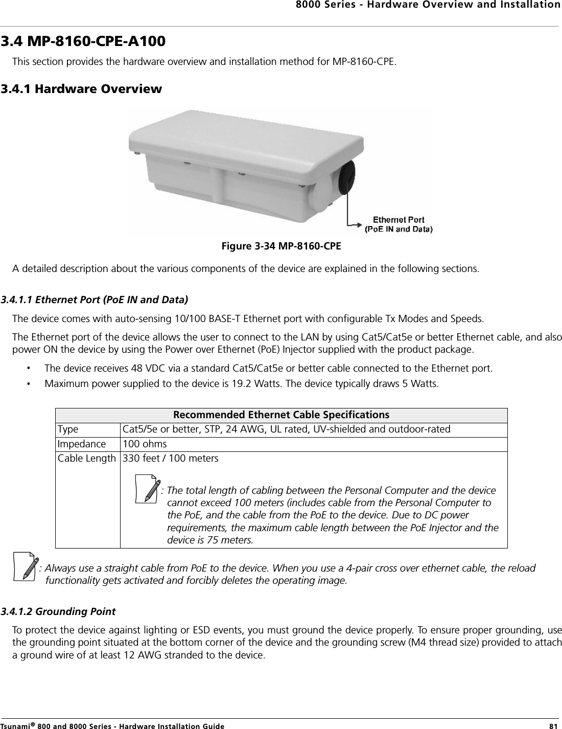 8000 Series - Hardware Overview and InstallationTsunami® 800 and 8000 Series - Hardware Installation Guide  813.4 MP-8160-CPE-A100This section provides the hardware overview and installation method for MP-8160-CPE. 3.4.1 Hardware OverviewFigure 3-34 MP-8160-CPE A detailed description about the various components of the device are explained in the following sections.3.4.1.1 Ethernet Port (PoE IN and Data)The device comes with auto-sensing 10/100 BASE-T Ethernet port with configurable Tx Modes and Speeds.The Ethernet port of the device allows the user to connect to the LAN by using Cat5/Cat5e or better Ethernet cable, and alsopower ON the device by using the Power over Ethernet (PoE) Injector supplied with the product package.The device receives 48 VDC via a standard Cat5/Cat5e or better cable connected to the Ethernet port.Maximum power supplied to the device is 19.2 Watts. The device typically draws 5 Watts.: Always use a straight cable from PoE to the device. When you use a 4-pair cross over ethernet cable, the reload functionality gets activated and forcibly deletes the operating image.3.4.1.2 Grounding PointTo protect the device against lighting or ESD events, you must ground the device properly. To ensure proper grounding, usethe grounding point situated at the bottom corner of the device and the grounding screw (M4 thread size) provided to attacha ground wire of at least 12 AWG stranded to the device.Recommended Ethernet Cable SpecificationsType Cat5/5e or better, STP, 24 AWG, UL rated, UV-shielded and outdoor-ratedImpedance 100 ohmsCable Length 330 feet / 100 meters: The total length of cabling between the Personal Computer and the device cannot exceed 100 meters (includes cable from the Personal Computer to the PoE, and the cable from the PoE to the device. Due to DC power requirements, the maximum cable length between the PoE Injector and the device is 75 meters.