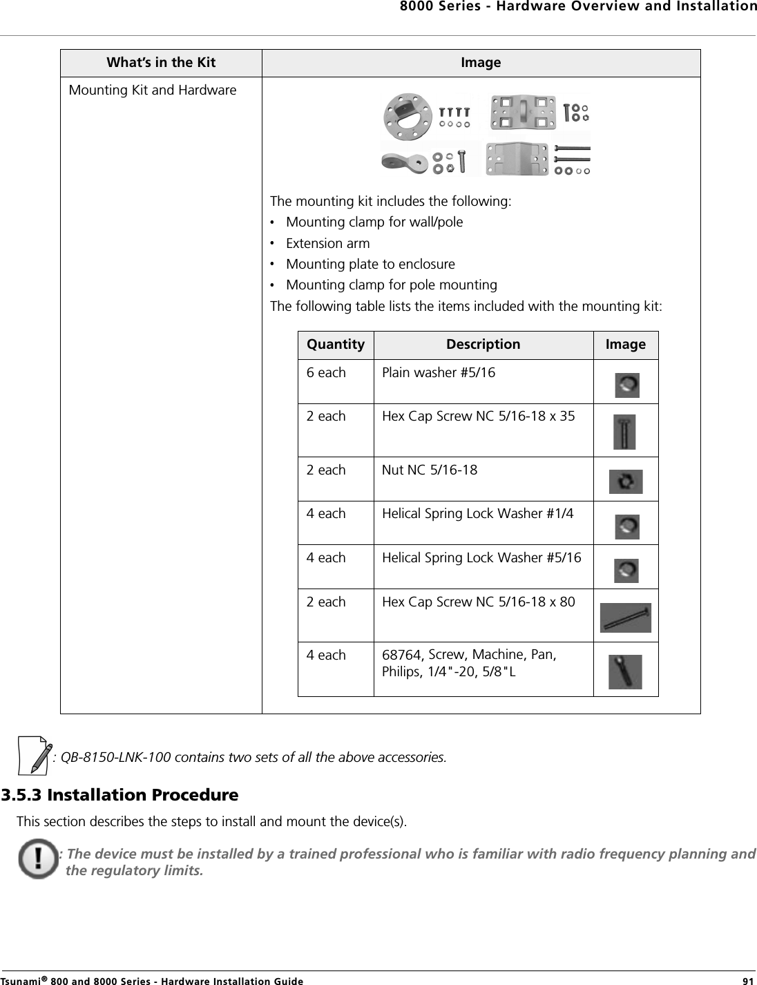 8000 Series - Hardware Overview and InstallationTsunami® 800 and 8000 Series - Hardware Installation Guide  91: QB-8150-LNK-100 contains two sets of all the above accessories.3.5.3 Installation ProcedureThis section describes the steps to install and mount the device(s).: The device must be installed by a trained professional who is familiar with radio frequency planning and the regulatory limits.Mounting Kit and HardwareThe mounting kit includes the following:Mounting clamp for wall/poleExtension armMounting plate to enclosureMounting clamp for pole mountingThe following table lists the items included with the mounting kit:What’s in the Kit ImageQuantity Description Image6 each Plain washer #5/162 each Hex Cap Screw NC 5/16-18 x 352 each Nut NC 5/16-184 each Helical Spring Lock Washer #1/44 each Helical Spring Lock Washer #5/162 each Hex Cap Screw NC 5/16-18 x 804 each 68764, Screw, Machine, Pan, Philips, 1/4&quot;-20, 5/8&quot;L