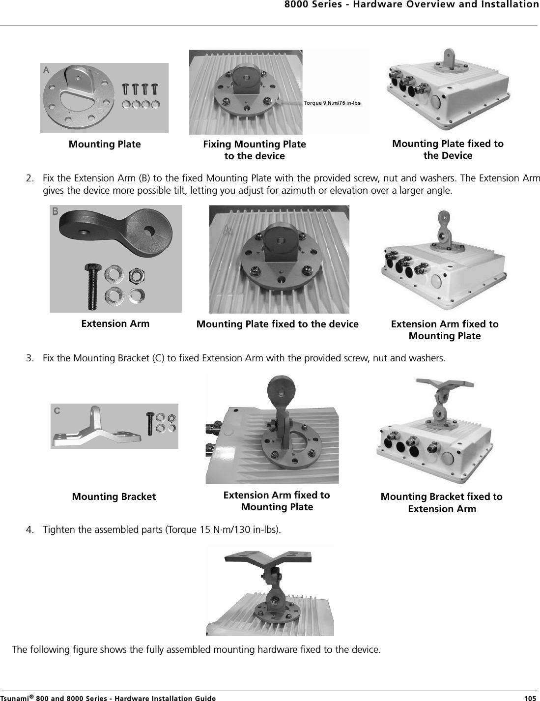 8000 Series - Hardware Overview and InstallationTsunami® 800 and 8000 Series - Hardware Installation Guide  1052. Fix the Extension Arm (B) to the fixed Mounting Plate with the provided screw, nut and washers. The Extension Armgives the device more possible tilt, letting you adjust for azimuth or elevation over a larger angle.3. Fix the Mounting Bracket (C) to fixed Extension Arm with the provided screw, nut and washers.4. Tighten the assembled parts (Torque 15 N.m/130 in-lbs).The following figure shows the fully assembled mounting hardware fixed to the device.Mounting Plate Fixing Mounting Plate to the deviceMounting Plate fixed to the DeviceExtension Arm Mounting Plate fixed to the device Extension Arm fixed to Mounting PlateMounting Bracket Extension Arm fixed to Mounting PlateMounting Bracket fixed to Extension Arm