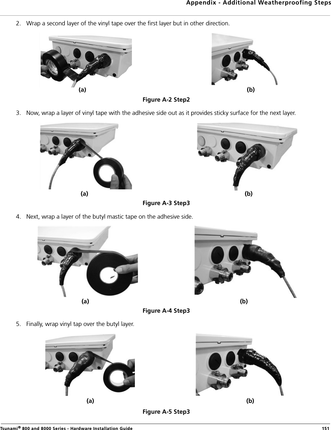 Appendix - Additional Weatherproofing StepsTsunami® 800 and 8000 Series - Hardware Installation Guide  1512. Wrap a second layer of the vinyl tape over the first layer but in other direction.Figure A-2 Step23. Now, wrap a layer of vinyl tape with the adhesive side out as it provides sticky surface for the next layer.Figure A-3 Step34. Next, wrap a layer of the butyl mastic tape on the adhesive side. Figure A-4 Step35. Finally, wrap vinyl tap over the butyl layer.Figure A-5 Step3(a) (b)(a) (b)(a) (b)(a) (b)