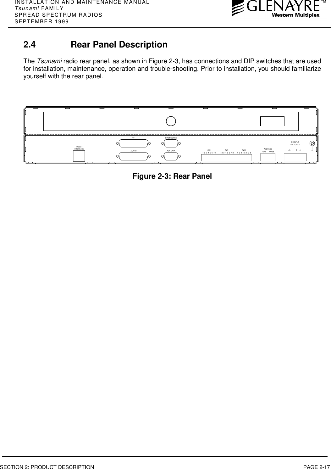 INSTALLATION AND MAINTENANCE MANUALTsunami FAMILYSPREAD SPECTRUM RADIOSSEPTEMBER 1999SECTION 2: PRODUCT DESCRIPTION PAGE 2-172.4 Rear Panel DescriptionThe Tsunami radio rear panel, as shown in Figure 2-3, has connections and DIP switches that are usedfor installation, maintenance, operation and trouble-shooting. Prior to installation, you should familiarizeyourself with the rear panel.Figure 2-3: Rear Panel