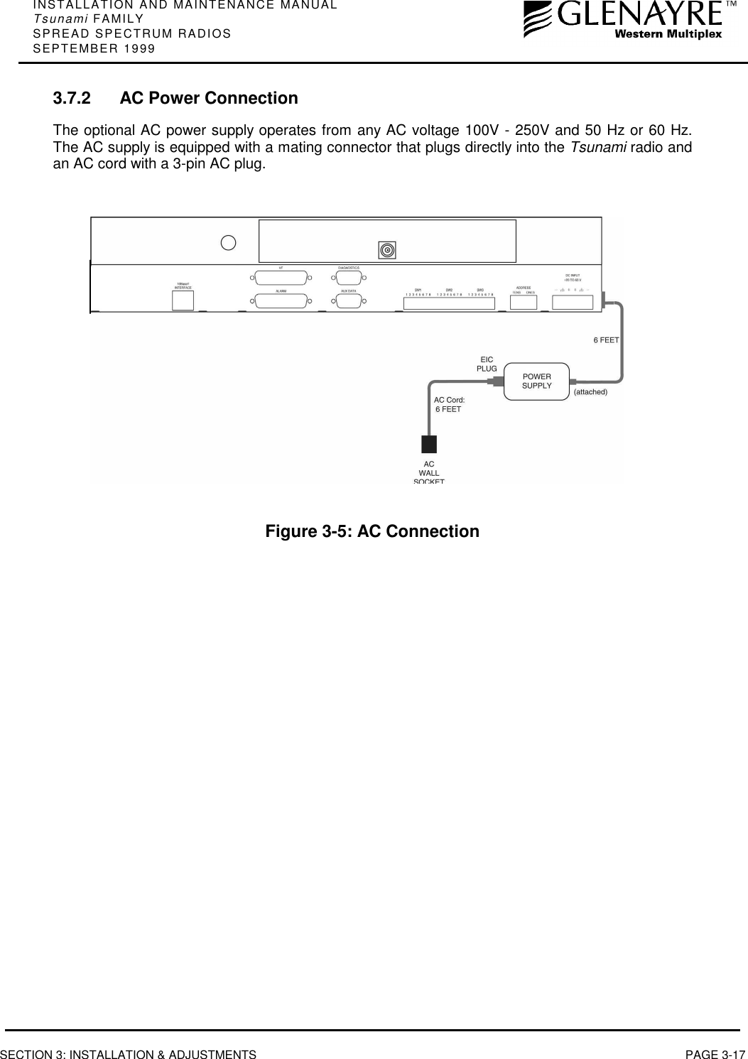 INSTALLATION AND MAINTENANCE MANUALTsunami FAMILYSPREAD SPECTRUM RADIOSSEPTEMBER 1999SECTION 3: INSTALLATION &amp; ADJUSTMENTS PAGE 3-173.7.2 AC Power ConnectionThe optional AC power supply operates from any AC voltage 100V - 250V and 50 Hz or 60 Hz.The AC supply is equipped with a mating connector that plugs directly into the Tsunami radio andan AC cord with a 3-pin AC plug.Figure 3-5: AC Connection