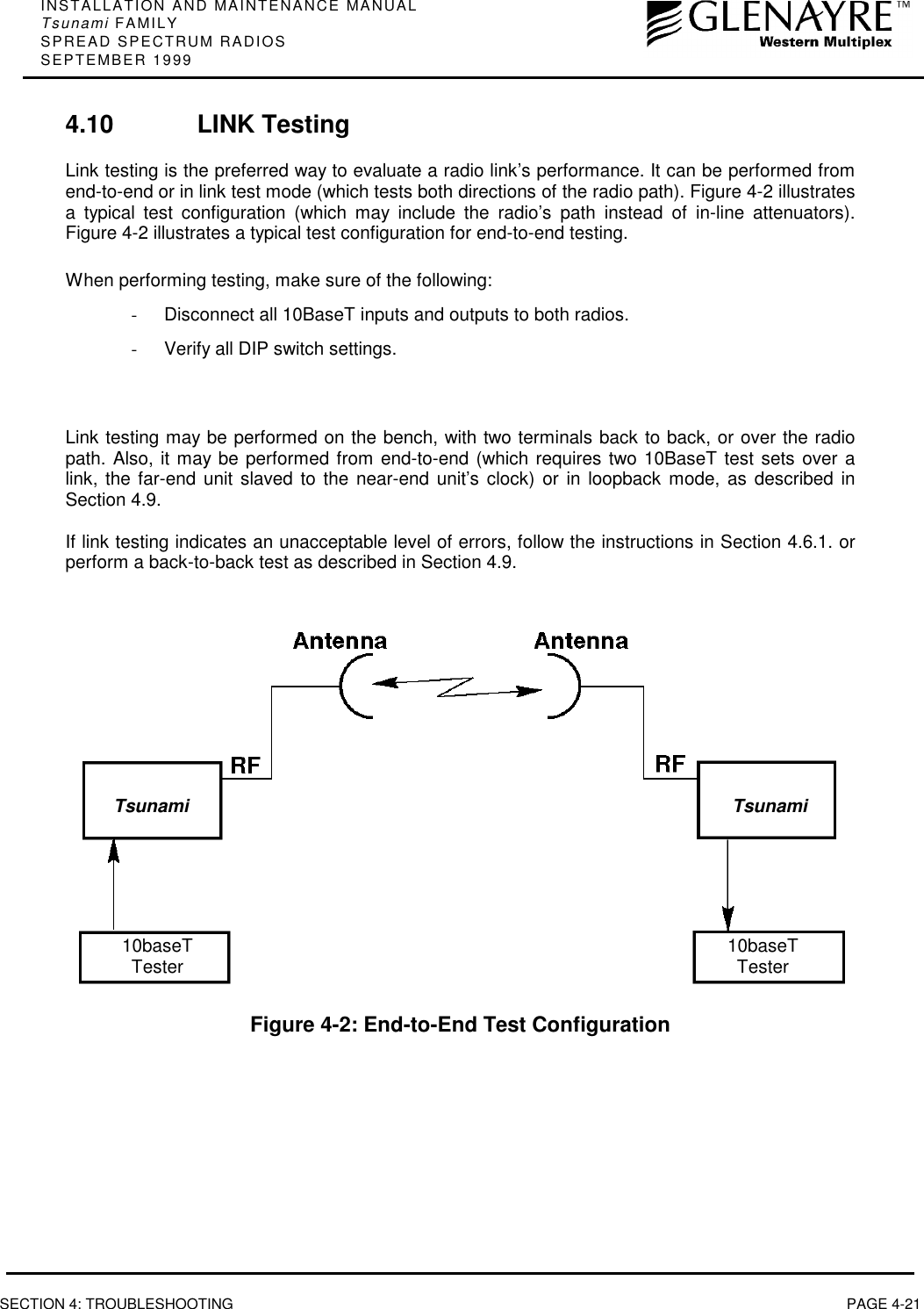 INSTALLATION AND MAINTENANCE MANUALTsunami FAMILYSPREAD SPECTRUM RADIOSSEPTEMBER 1999SECTION 4: TROUBLESHOOTING PAGE 4-214.10 LINK TestingLink testing is the preferred way to evaluate a radio link’s performance. It can be performed fromend-to-end or in link test mode (which tests both directions of the radio path). Figure 4-2 illustratesa typical test configuration (which may include the radio’s path instead of in-line attenuators).Figure 4-2 illustrates a typical test configuration for end-to-end testing.When performing testing, make sure of the following:-  Disconnect all 10BaseT inputs and outputs to both radios.-  Verify all DIP switch settings.Link testing may be performed on the bench, with two terminals back to back, or over the radiopath. Also, it may be performed from end-to-end (which requires two 10BaseT test sets over alink, the far-end unit slaved to the near-end unit’s clock) or in loopback mode, as described inSection 4.9.If link testing indicates an unacceptable level of errors, follow the instructions in Section 4.6.1. orperform a back-to-back test as described in Section 4.9.Figure 4-2: End-to-End Test ConfigurationTsunami Tsunami10baseTTester 10baseTTester