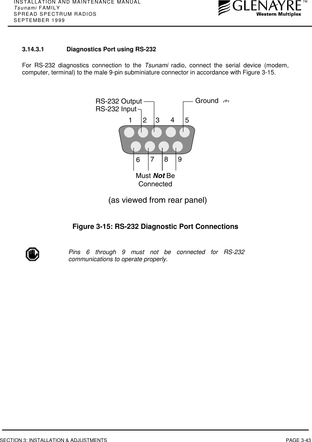 INSTALLATION AND MAINTENANCE MANUALTsunami FAMILYSPREAD SPECTRUM RADIOSSEPTEMBER 1999SECTION 3: INSTALLATION &amp; ADJUSTMENTS PAGE 3-433.14.3.1 Diagnostics Port using RS-232For RS-232 diagnostics connection to the Tsunami radio, connect the serial device (modem,computer, terminal) to the male 9-pin subminiature connector in accordance with Figure 3-15.Figure 3-15: RS-232 Diagnostic Port ConnectionsPins 6 through 9 must not be connected for RS-232communications to operate properly.